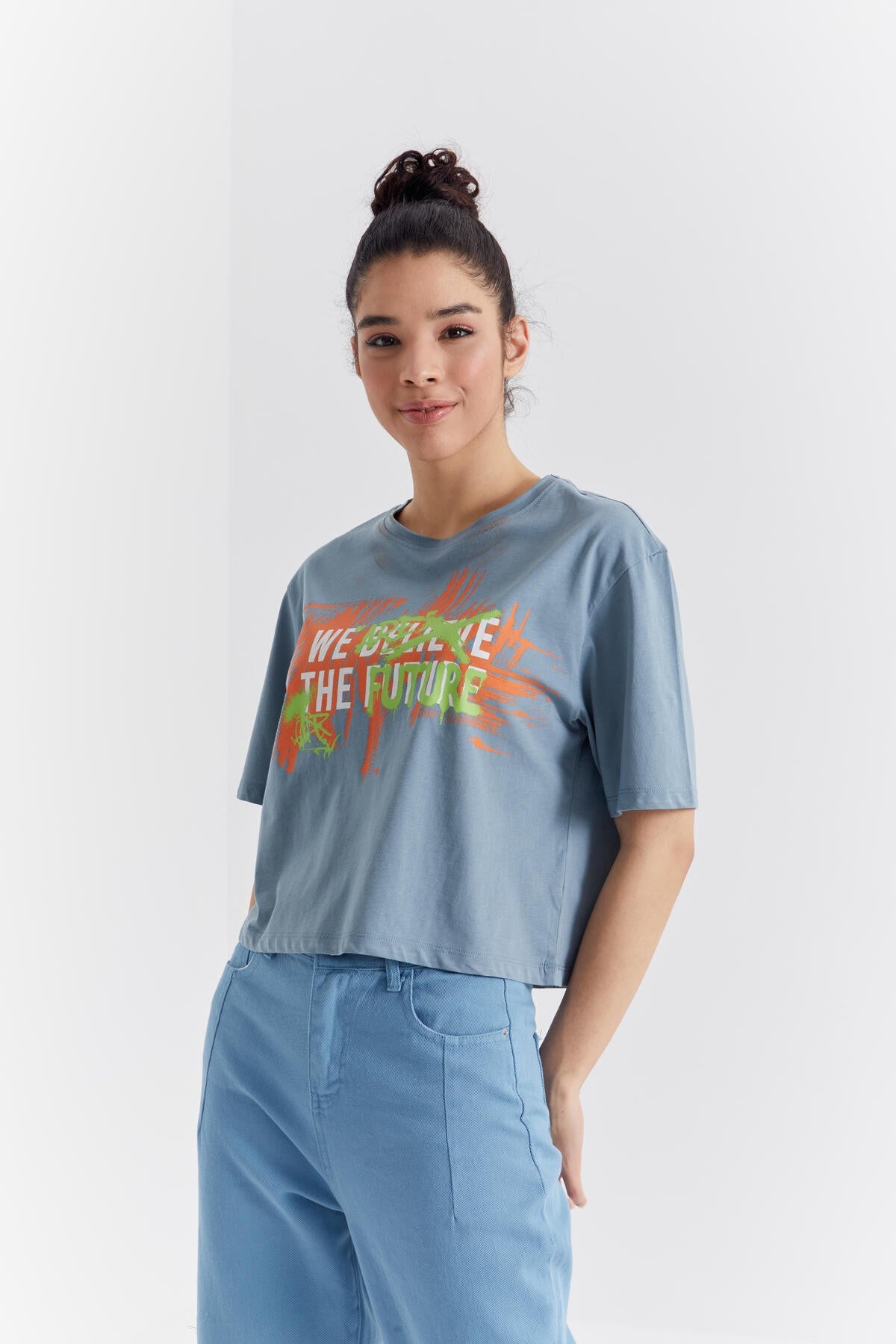 Mint Green Color Printed O Collar Women's Oversize T-Shirt - 97212