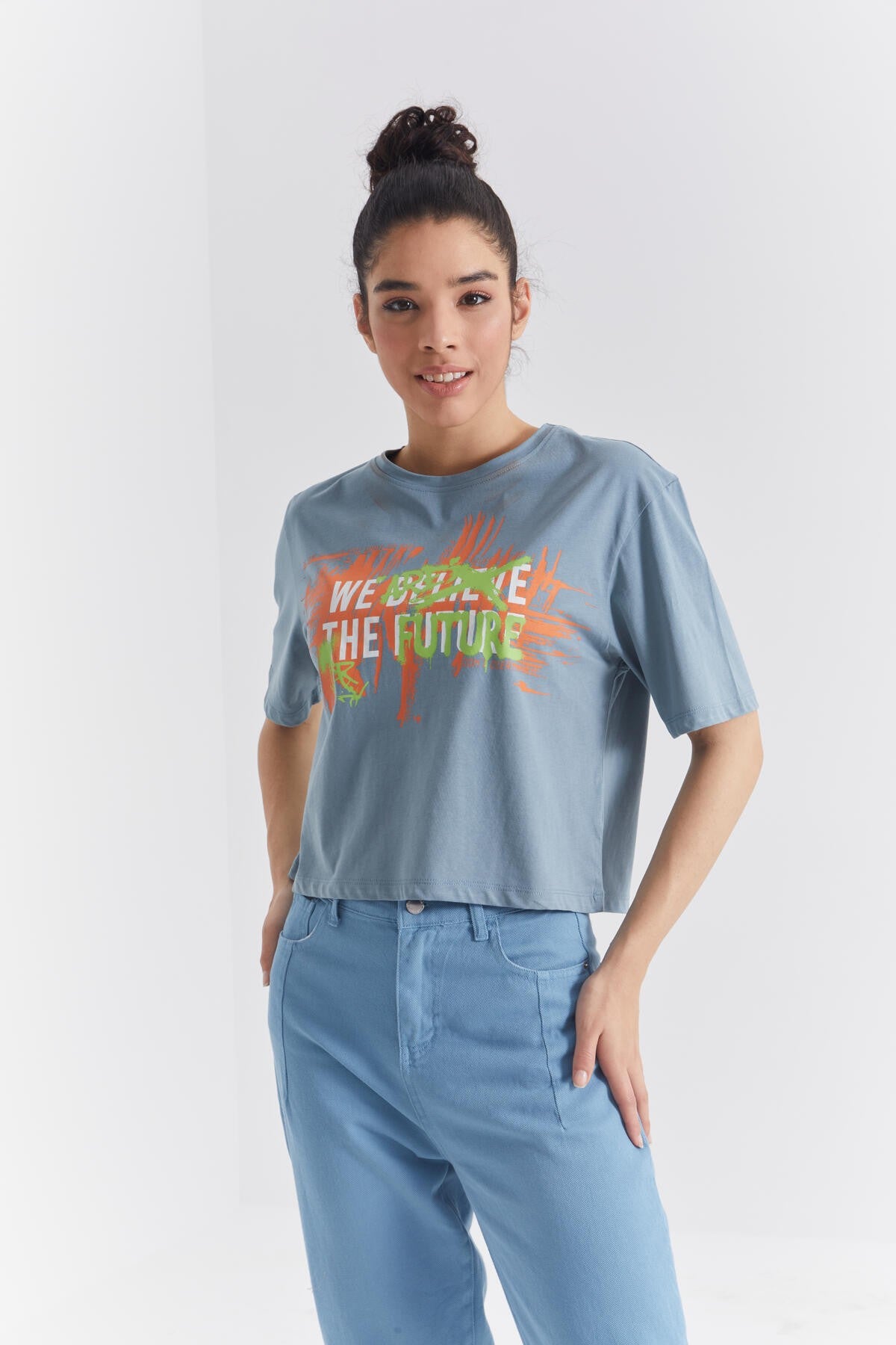 Mint Green Color Printed O Collar Women's Oversize T-Shirt - 97212