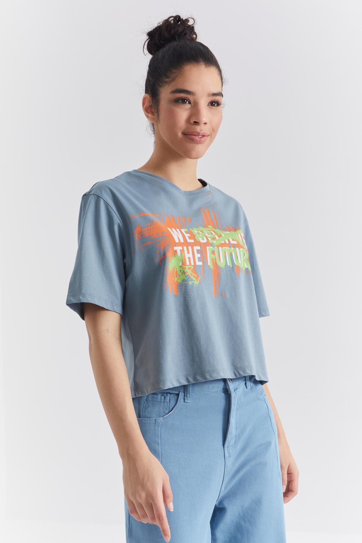 Mint Green Color Printed O Collar Women's Oversize T-Shirt - 97212