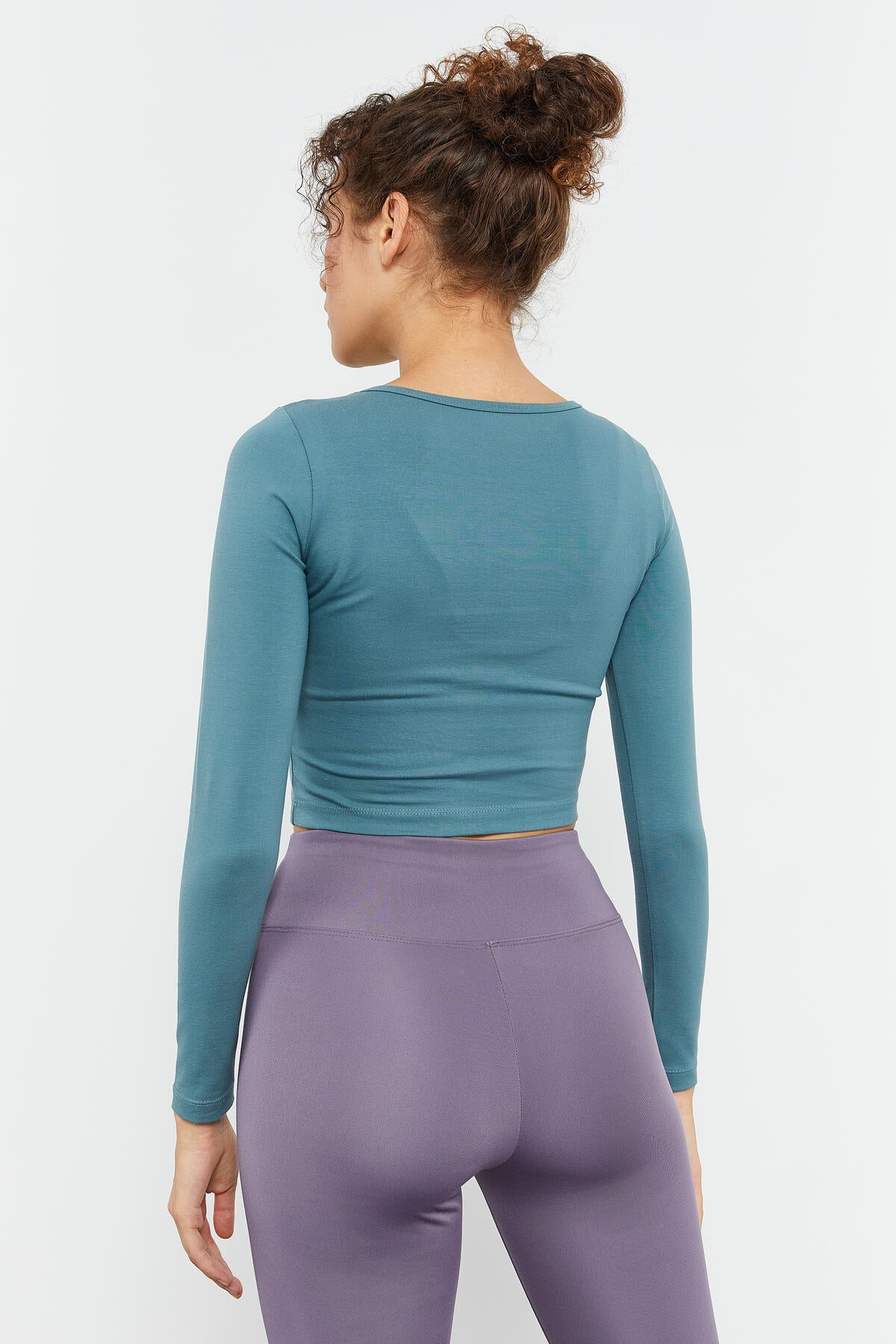 Mint Green Long Sleeve Slim Fit O Neck Women's Crop Top T-Shirt - 97150