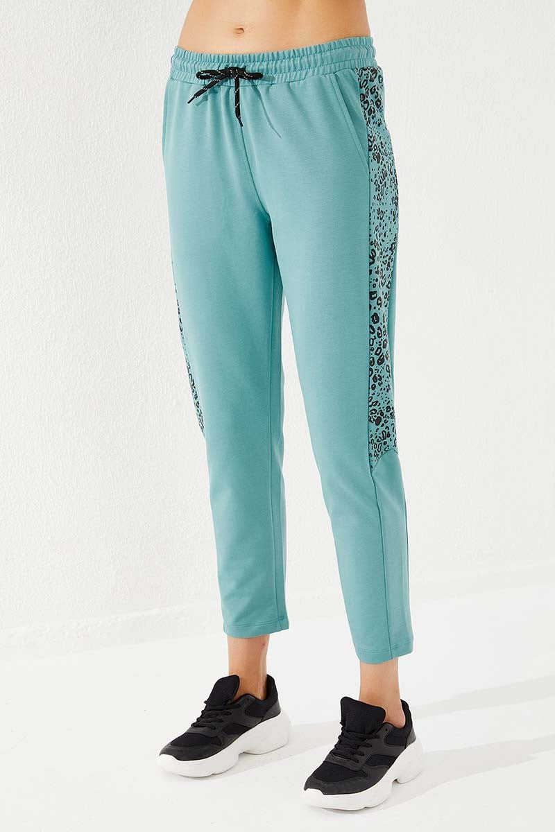 Mint Green Sides Leopard Print Comfortable Fit Slim Leg Women's Tracksuit Bottom - 94572