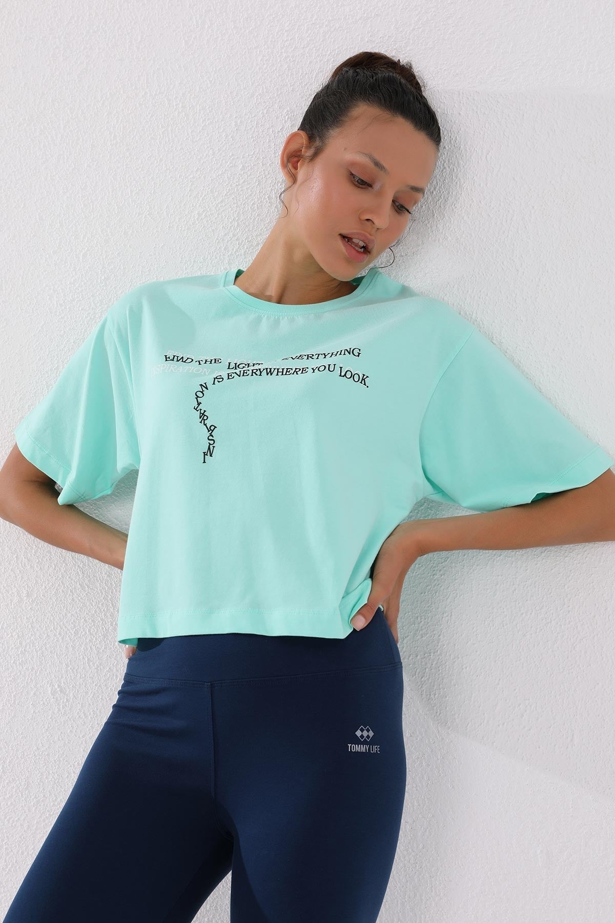 Mint Green Printed Short O Collar Women's Oversize T-Shirt - 97135