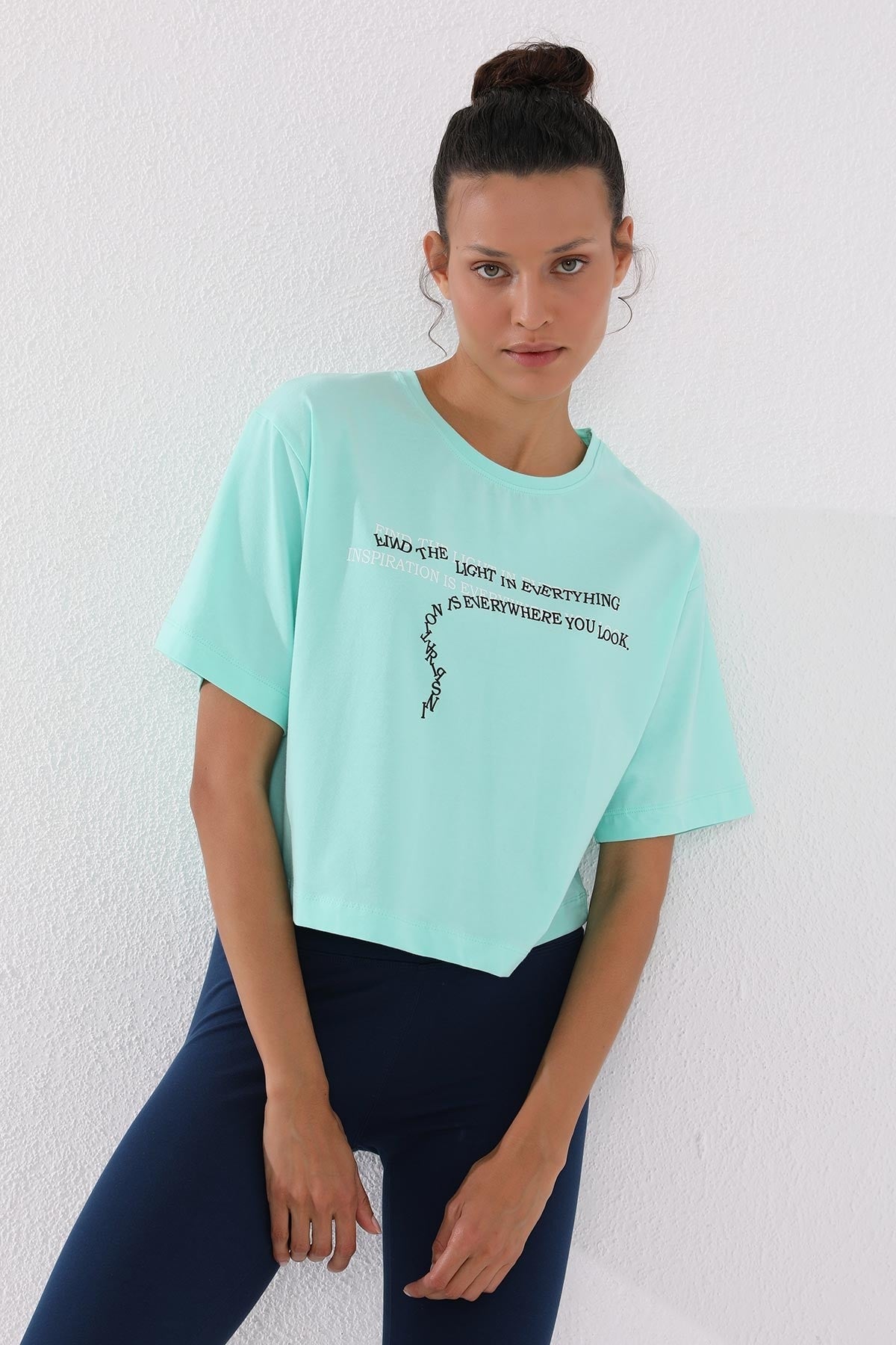 Mint Green Printed Short O Collar Women's Oversize T-Shirt - 97135