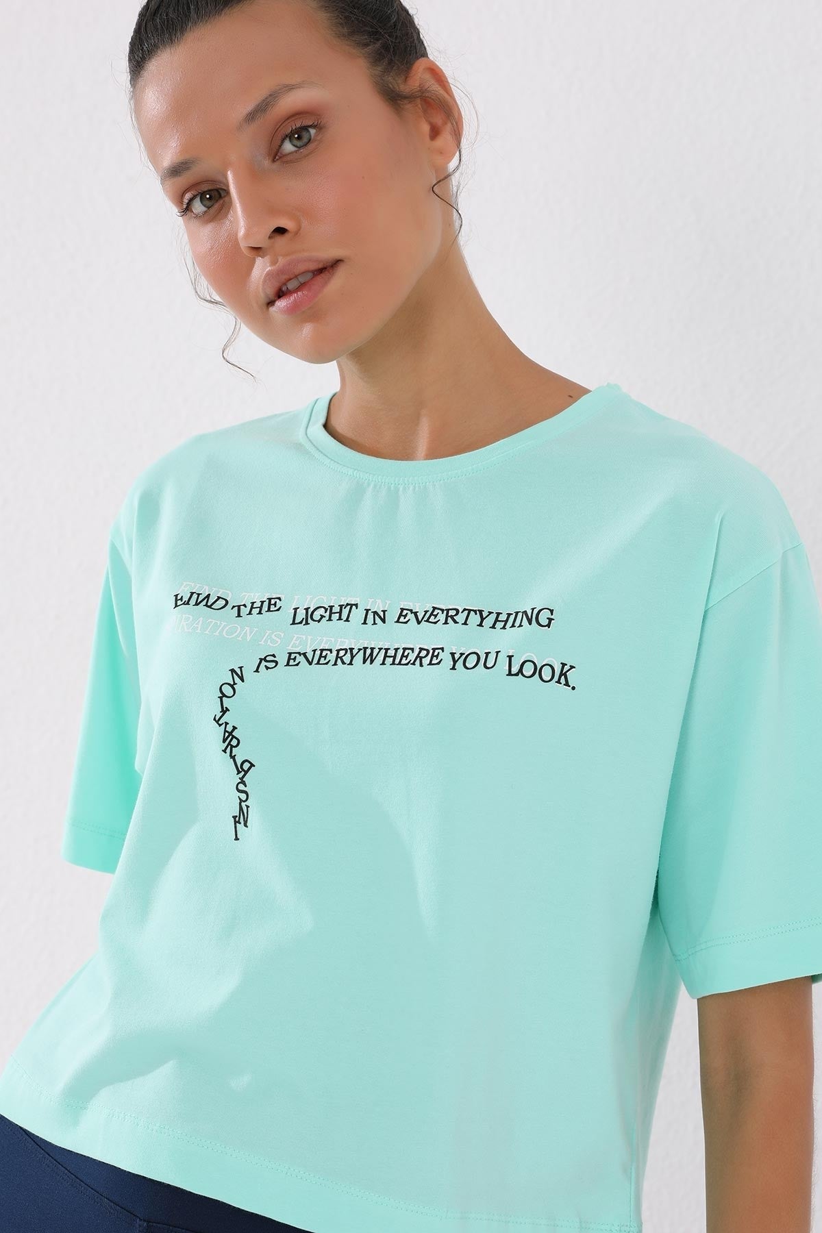 Mint Green Printed Short O Collar Women's Oversize T-Shirt - 97135