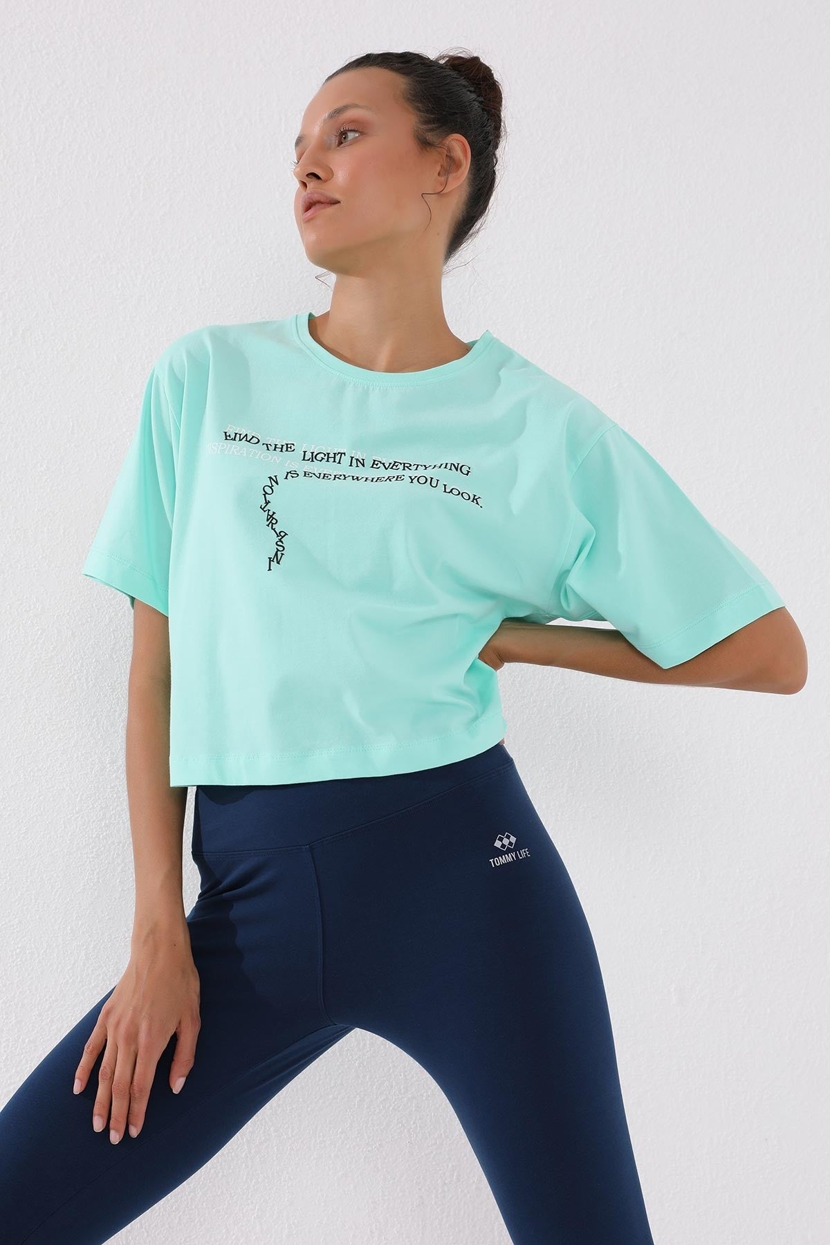 Mint Green Printed Short O Collar Women's Oversize T-Shirt - 97135