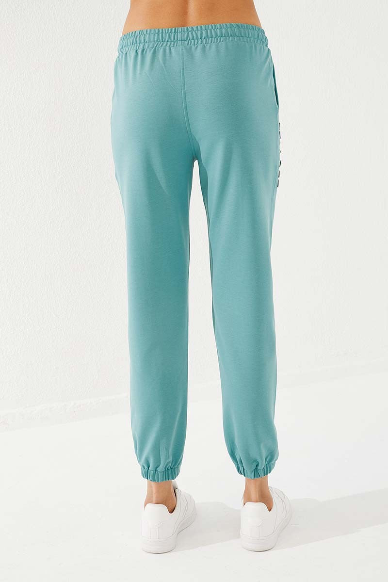 Mint Green Embroidered Comfort Fit Elastic Ankle Women's Tracksuit Bottom - 94571