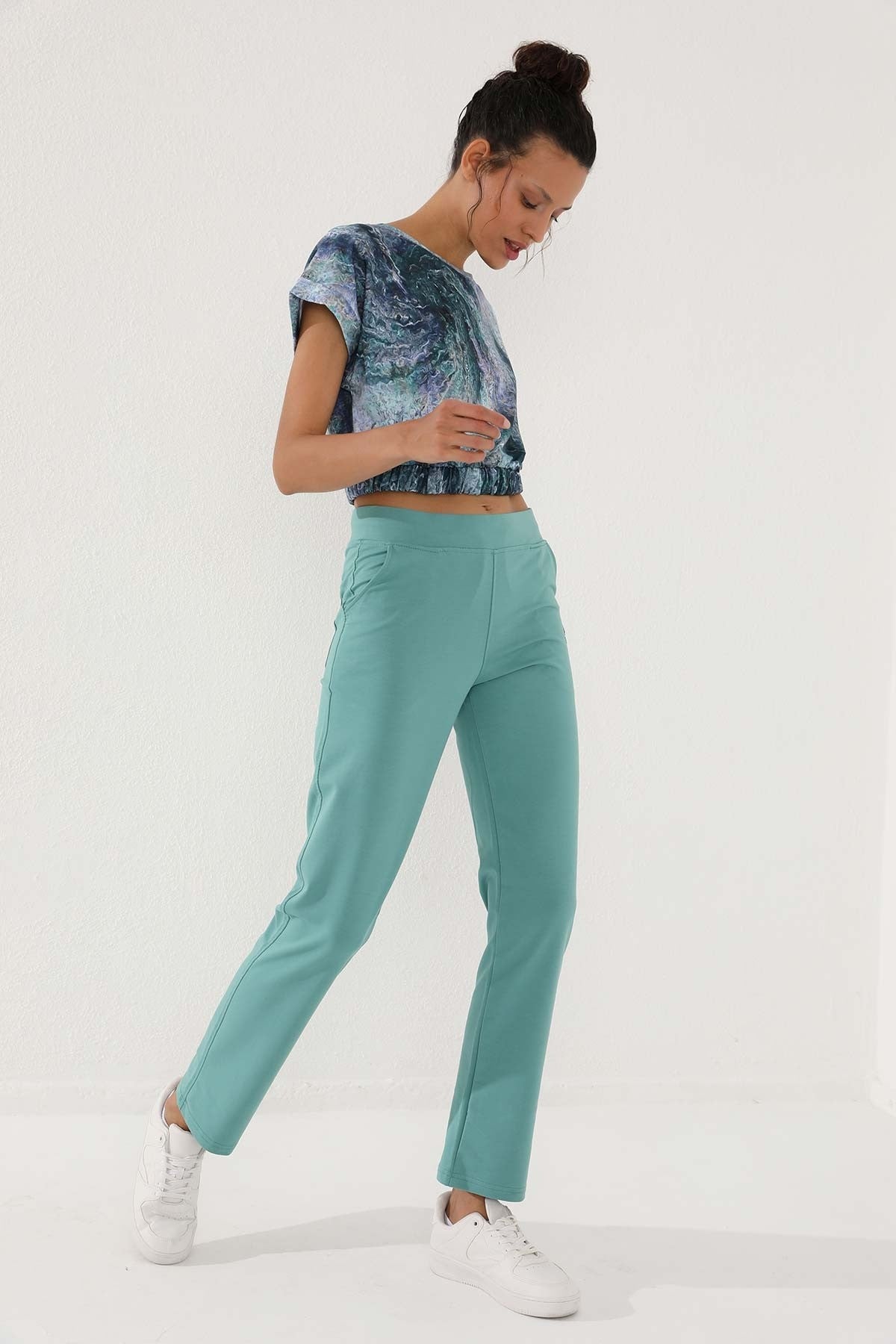 Mint Green High Waist Elastic Comfort Fit Classic Leg Women's Tracksuit Bottom - 94185