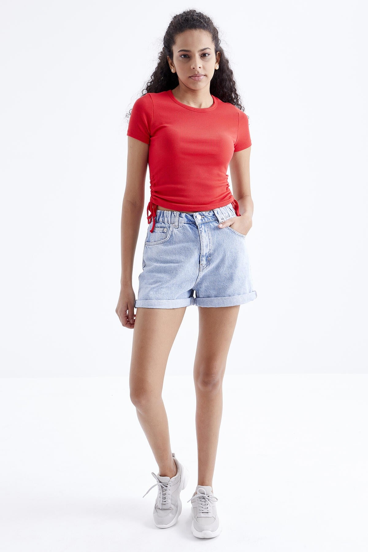 Pomegranate Flower Basic Side Gather O Collar Women's Crop Top T-Shirt - 97203