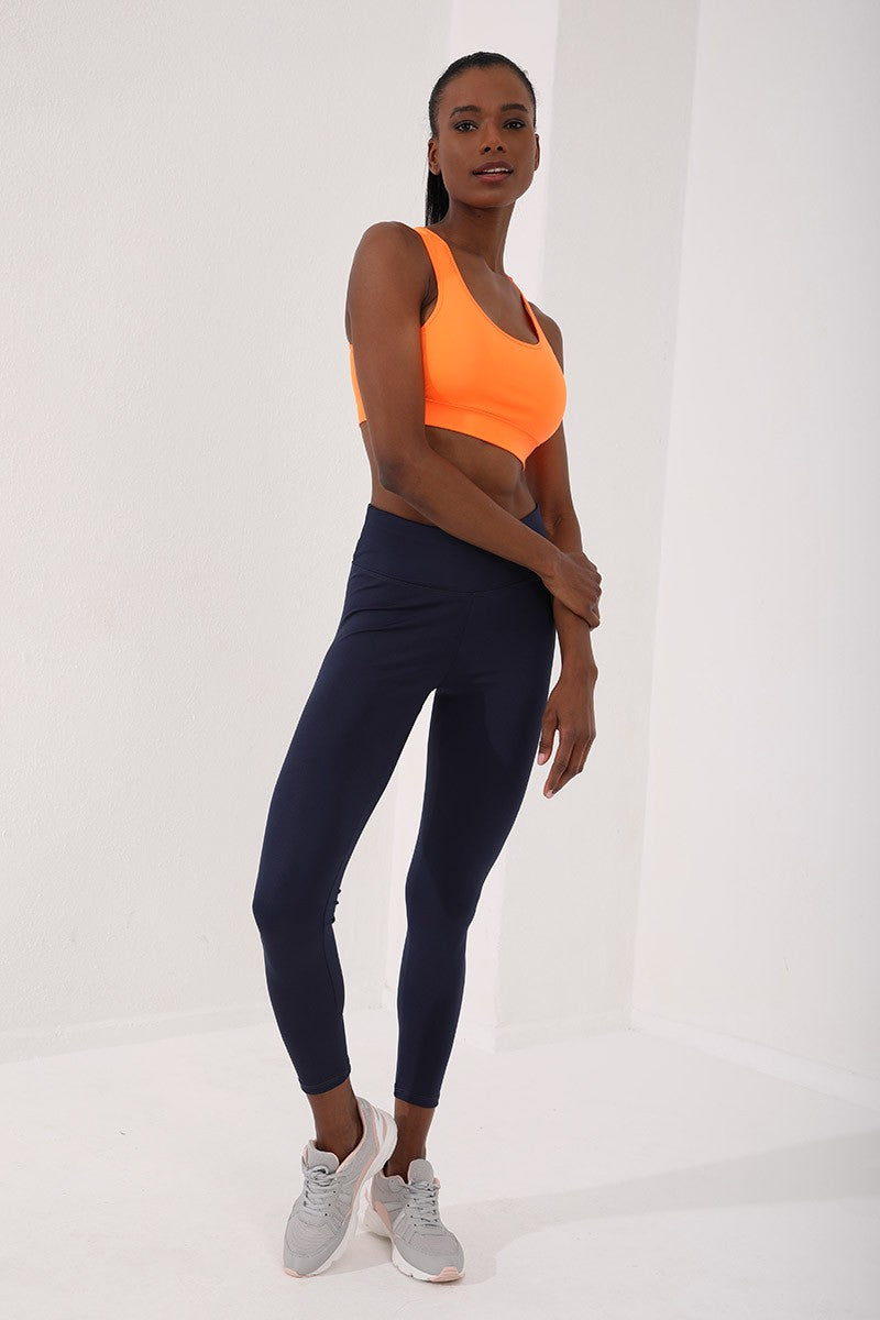 Neon Orange Back Detailed Slim Fit U Collar Women's Sports Bustier - 97120