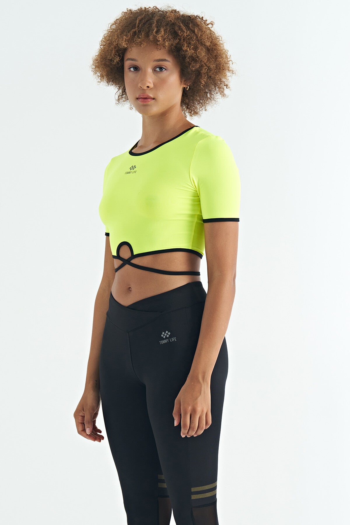 Neon Yellow Waist Tie Detailed O Collar Standard Cut Diver Fabric Women's Crop T-Shirt - 97266