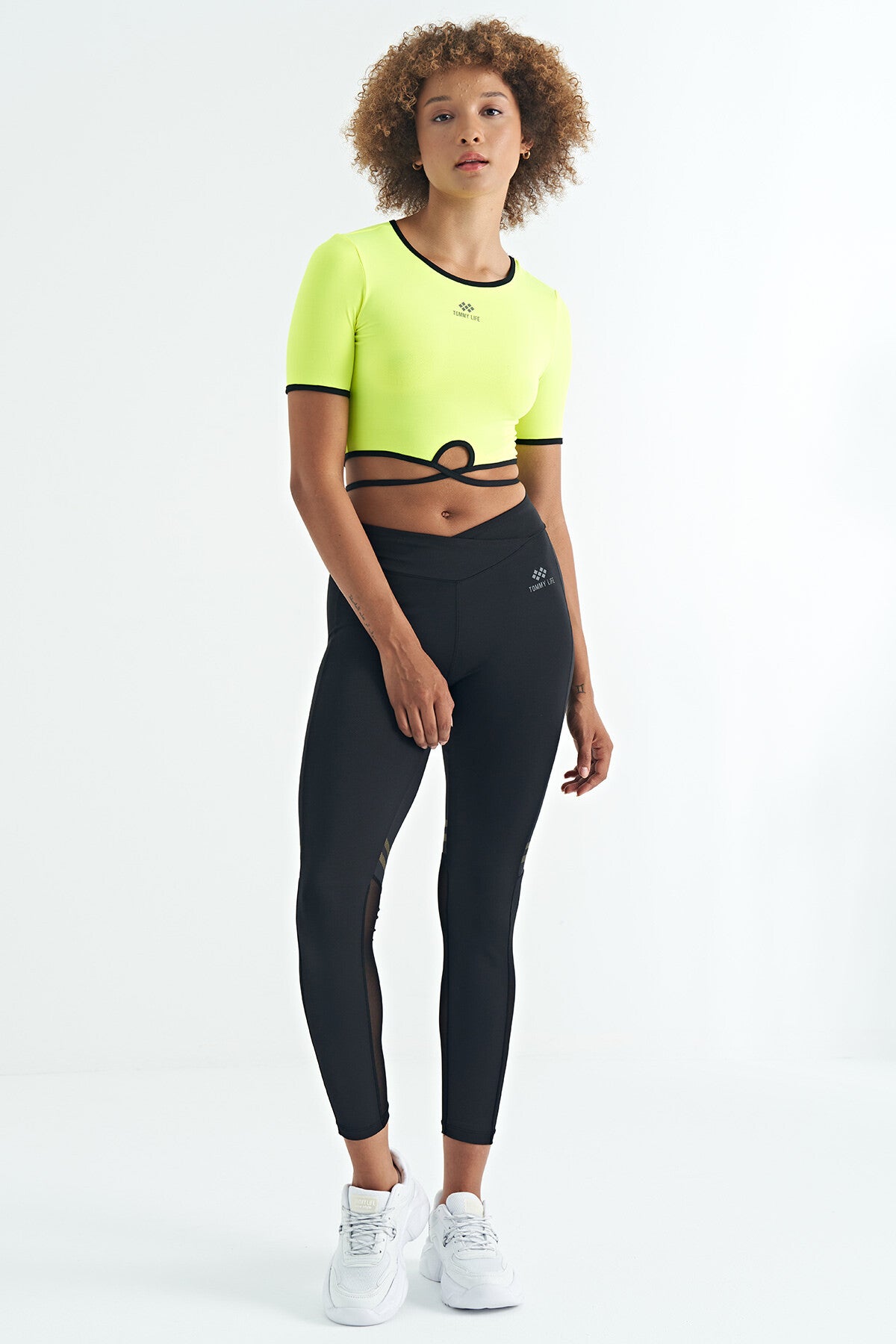 Neon Yellow Waist Tie Detailed O Collar Standard Cut Diver Fabric Women's Crop T-Shirt - 97266