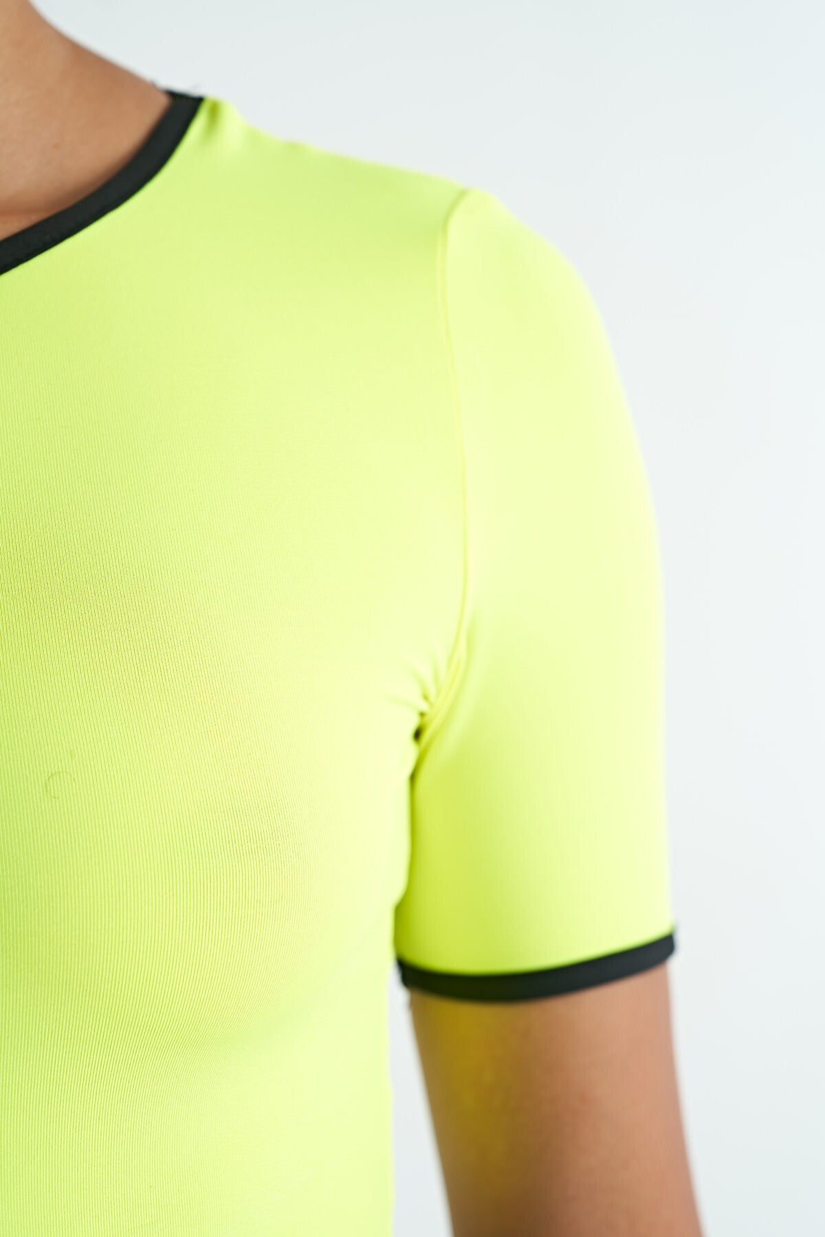 Neon Yellow Waist Tie Detailed O Collar Standard Cut Diver Fabric Women's Crop T-Shirt - 97266
