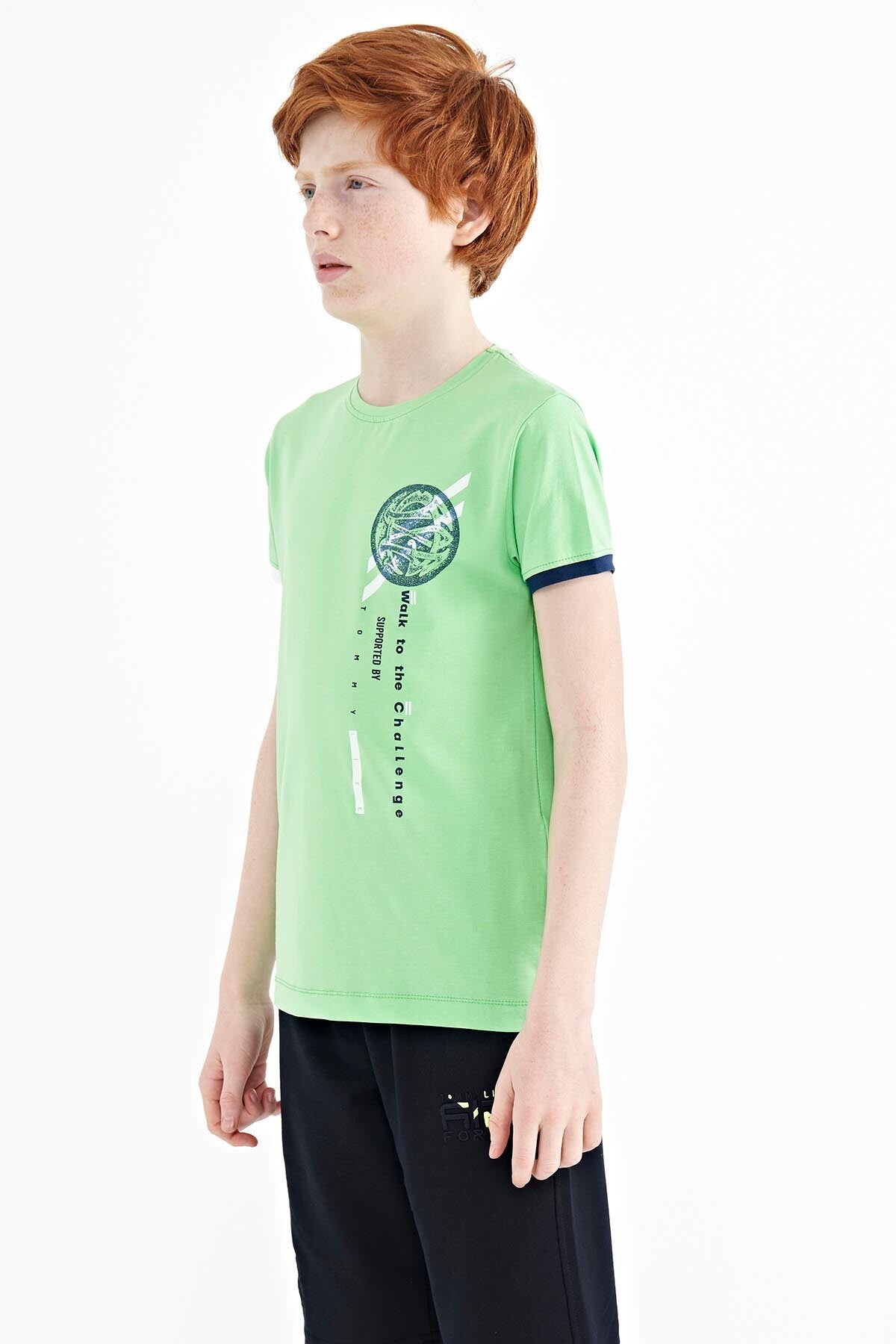Neon Green Print Detailed O Collar Standard Fit Boys T-Shirt - 11131