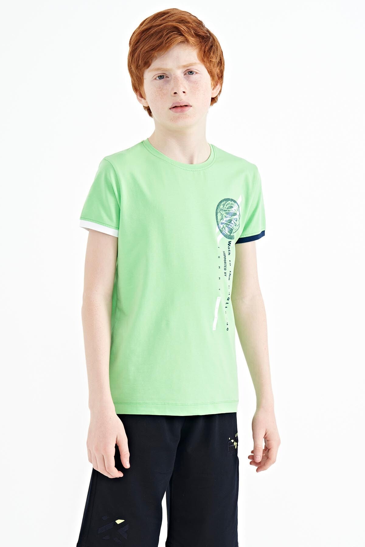 Neon Green Print Detailed O Collar Standard Fit Boys T-Shirt - 11131