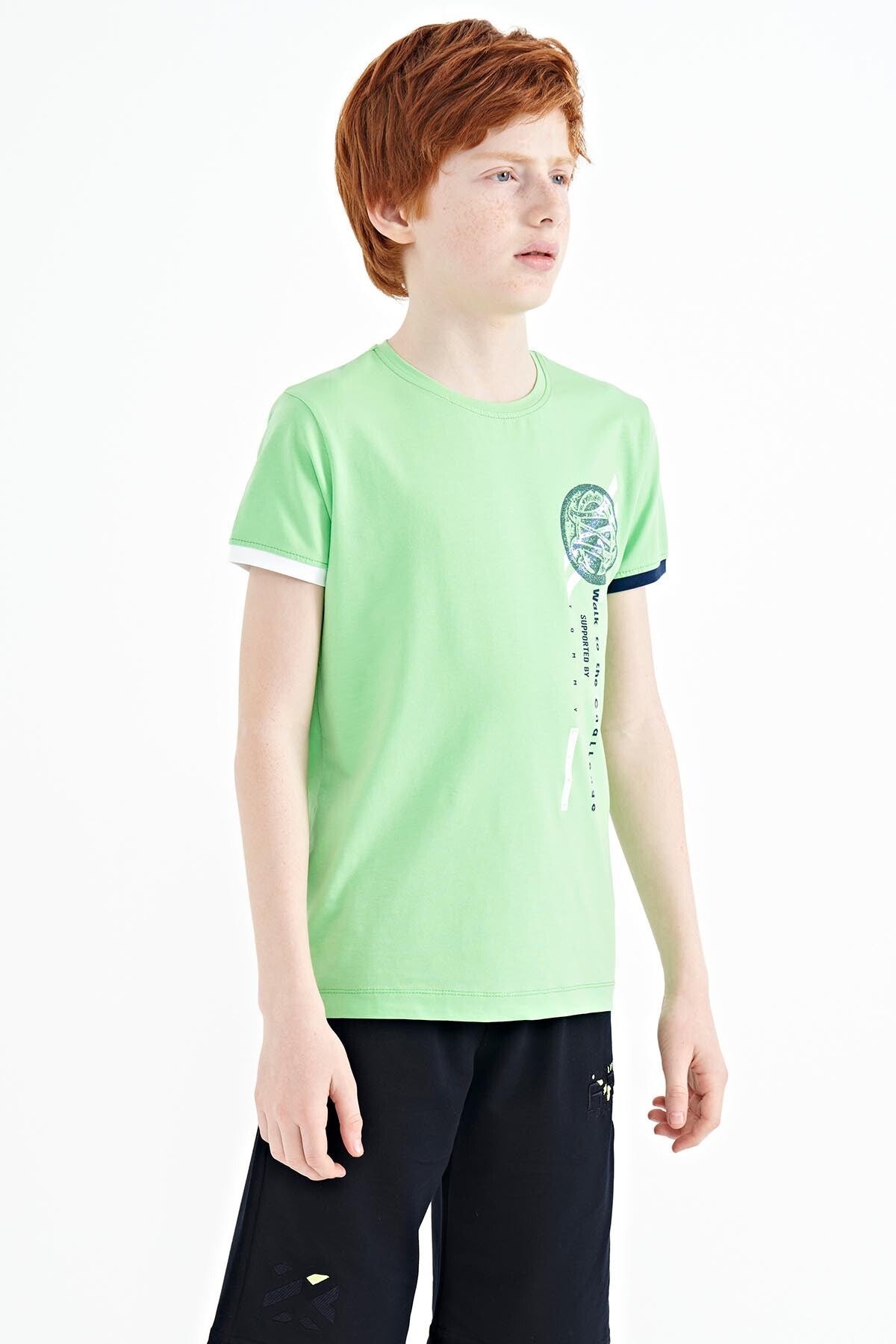 Neon Green Print Detailed O Collar Standard Fit Boys T-Shirt - 11131