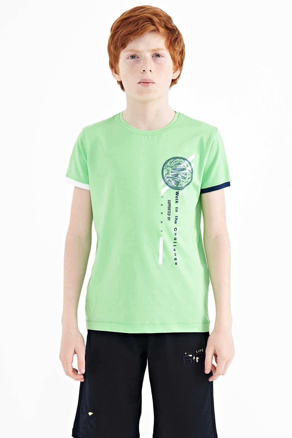 Neon Green Print Detailed O Collar Standard Fit Boys T-Shirt - 11131