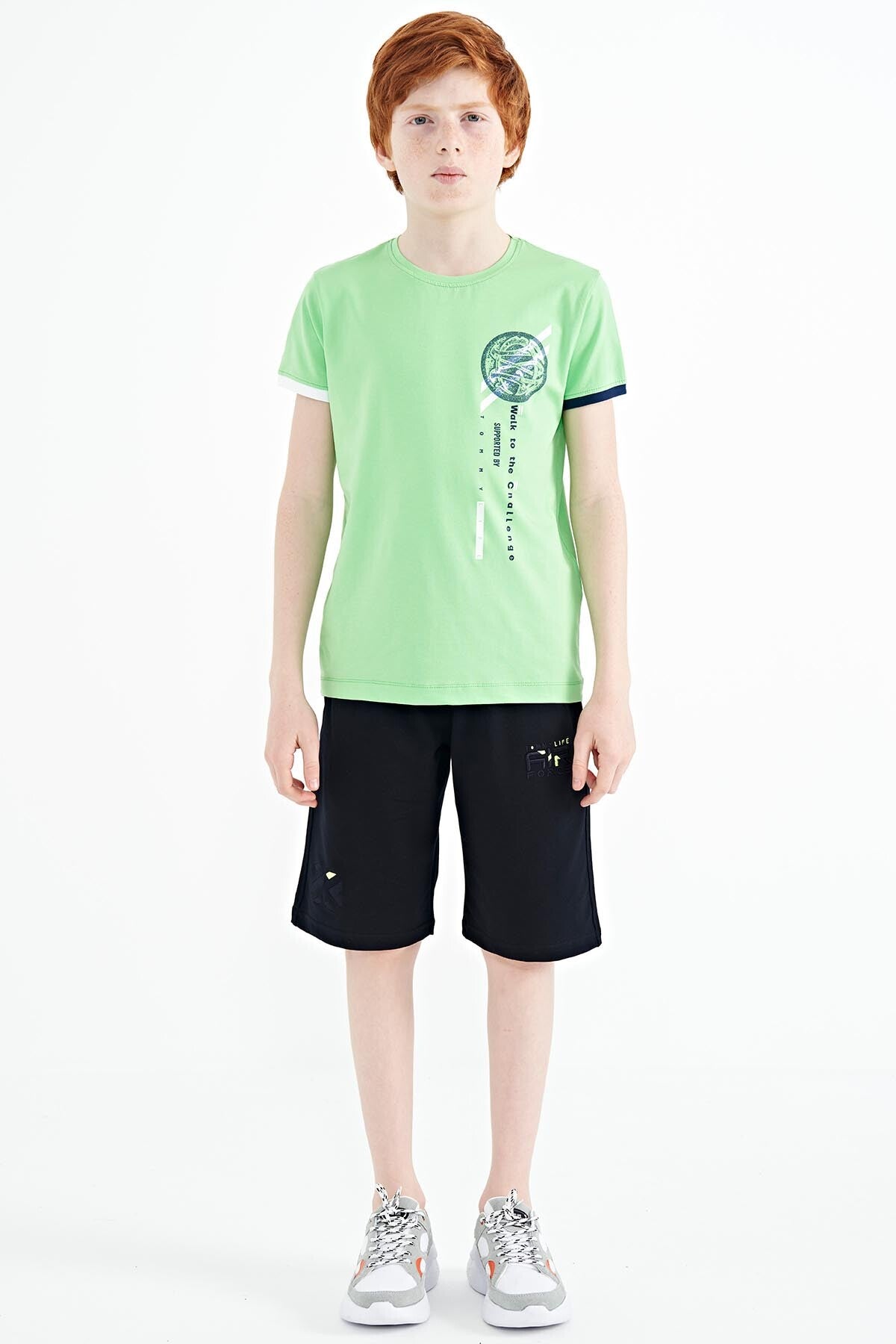 Neon Green Print Detailed O Collar Standard Fit Boys T-Shirt - 11131