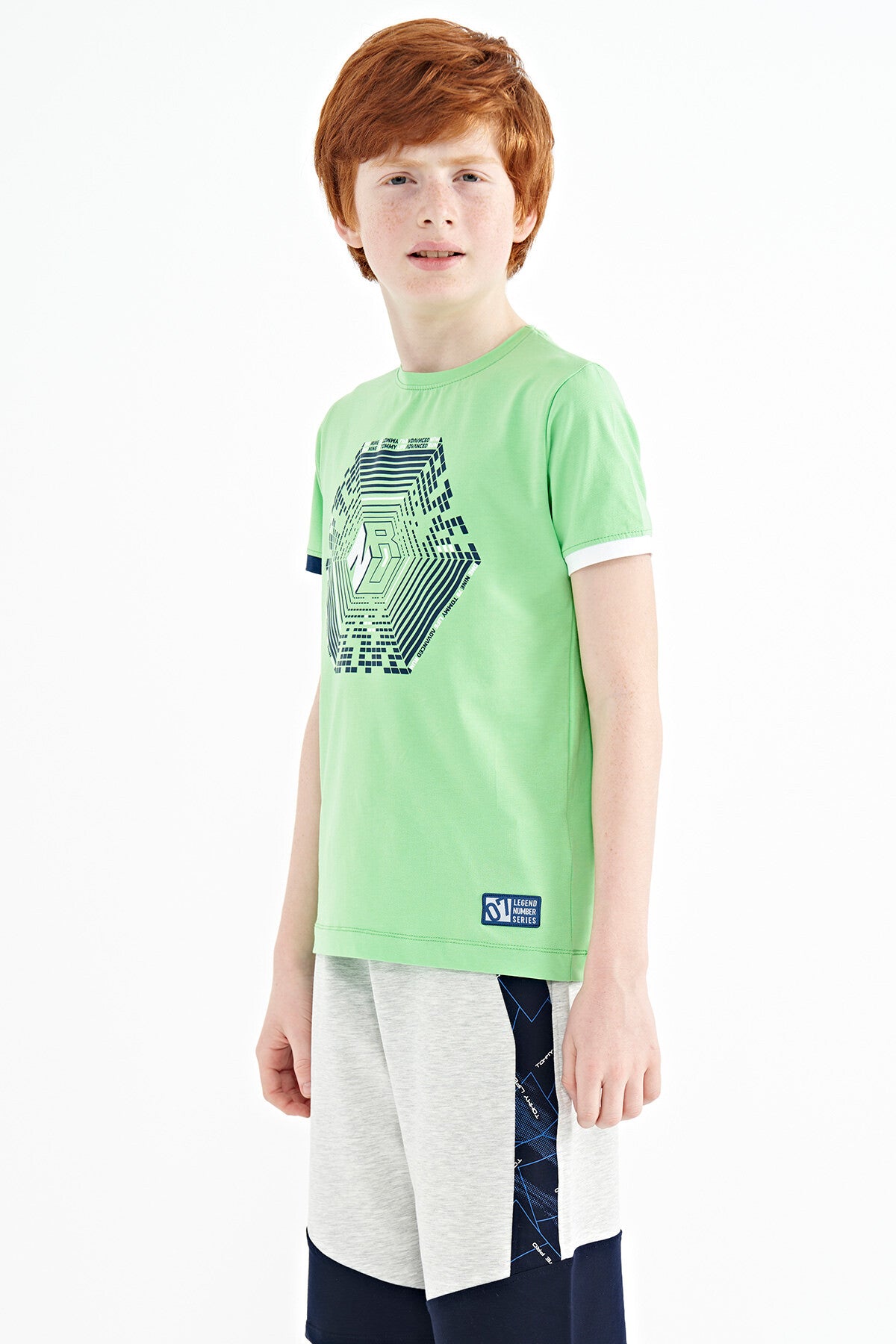Neon Green Cuff Colored Detailed Printed Standard Fit Boys' T-Shirt - 11156