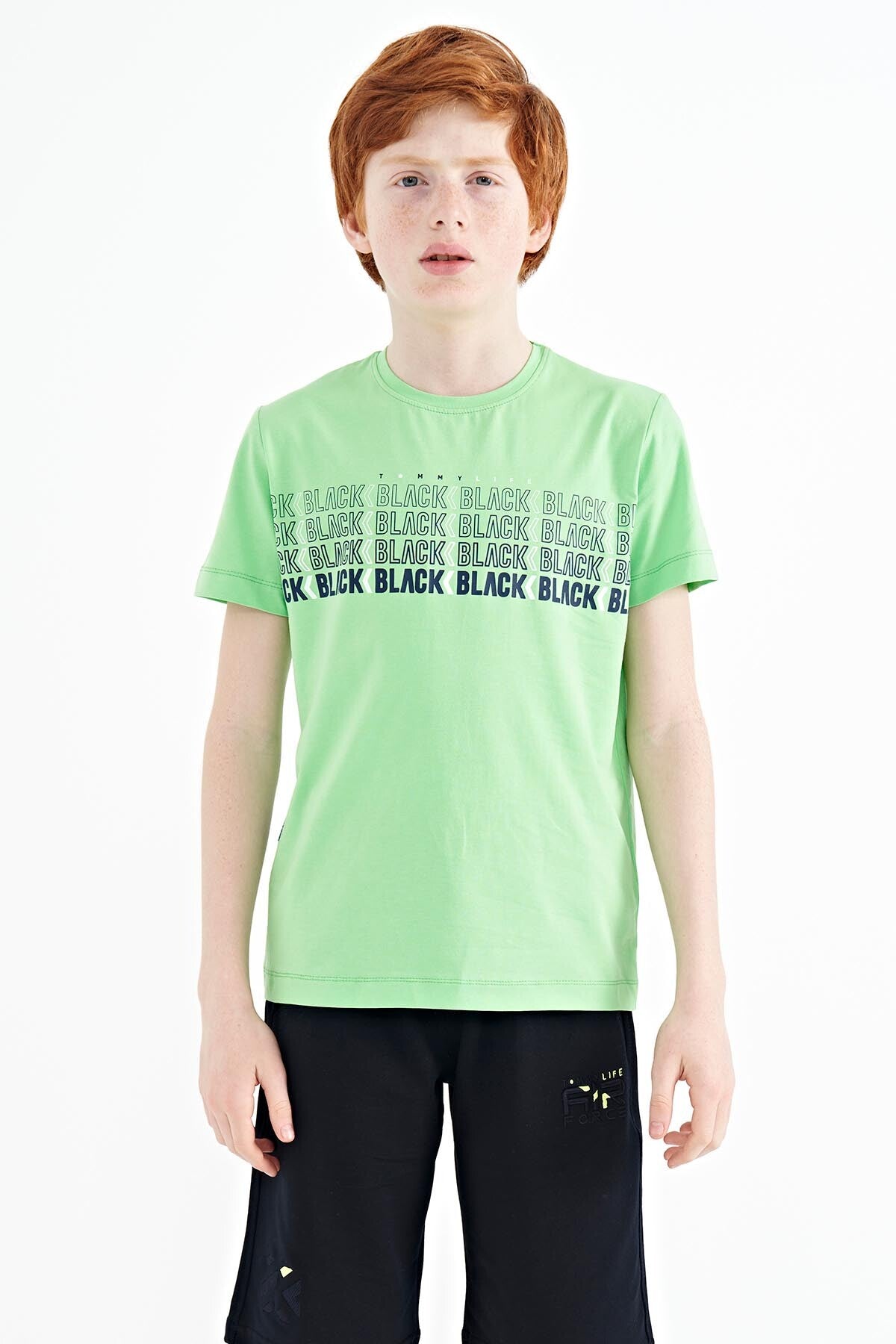 Neon Green Print O Collar Standard Fit Boys T-Shirt - 11149