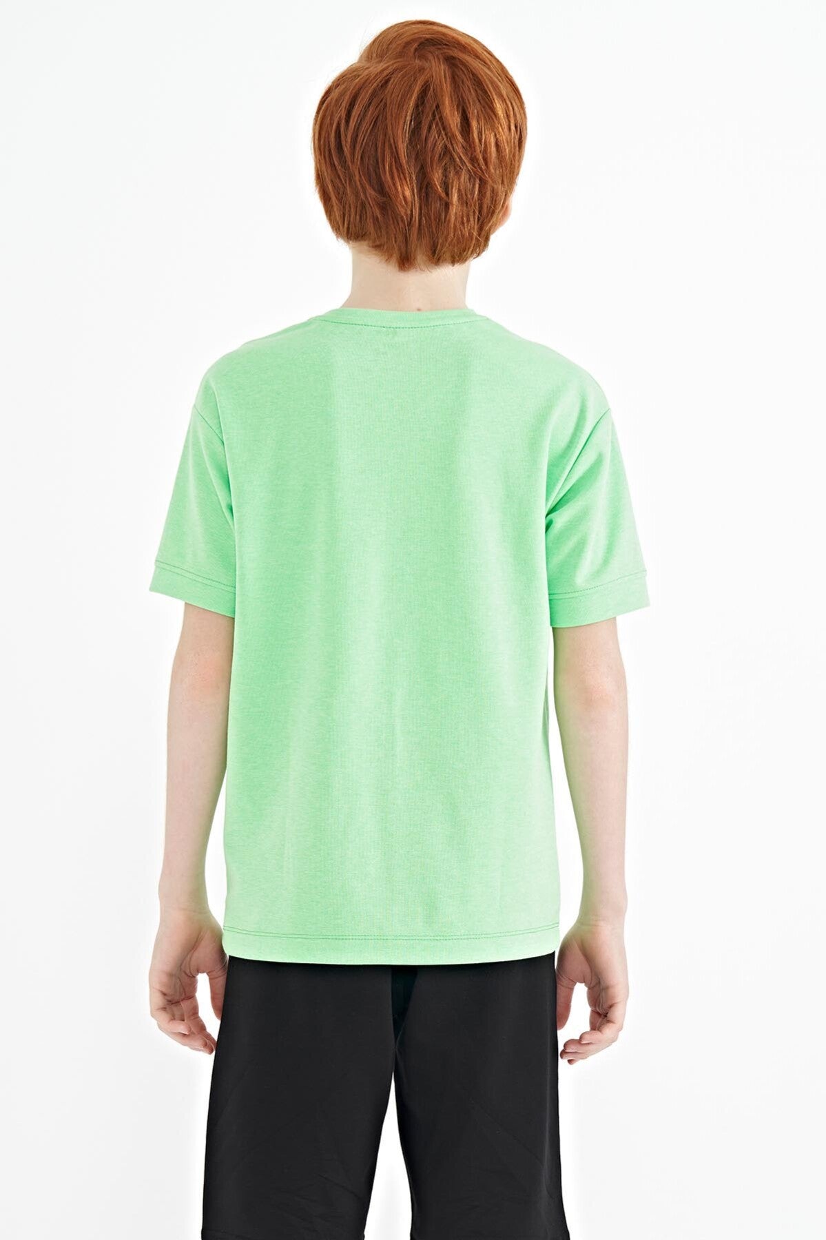 Neon Green Letter Embroidered O Collar Oversize Boys T-Shirt - 11151