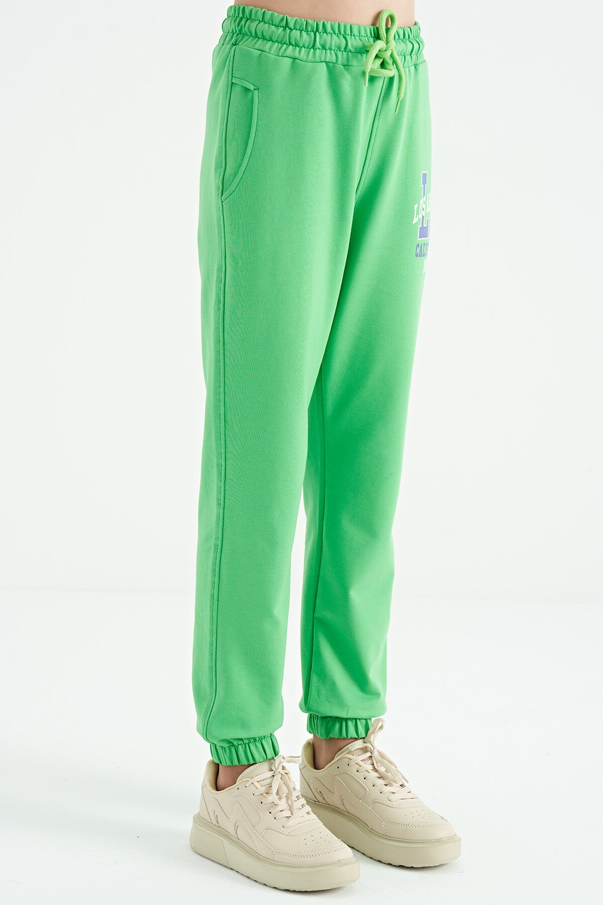 Neon Green Embroidered Lettering Standard Fit Jogger Girls' Tracksuit Bottom - 75120