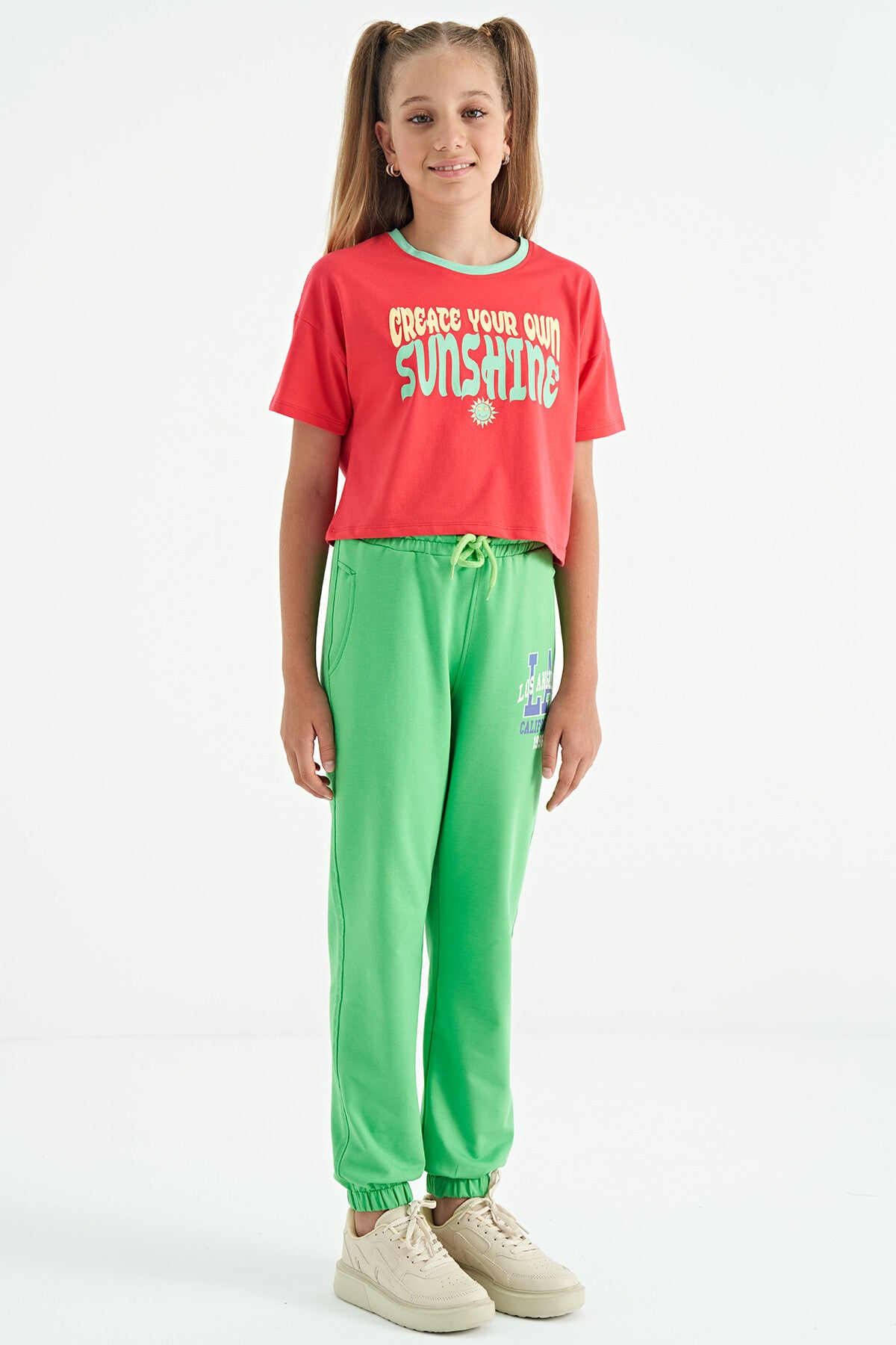 Neon Green Embroidered Lettering Standard Fit Jogger Girls' Tracksuit Bottom - 75120