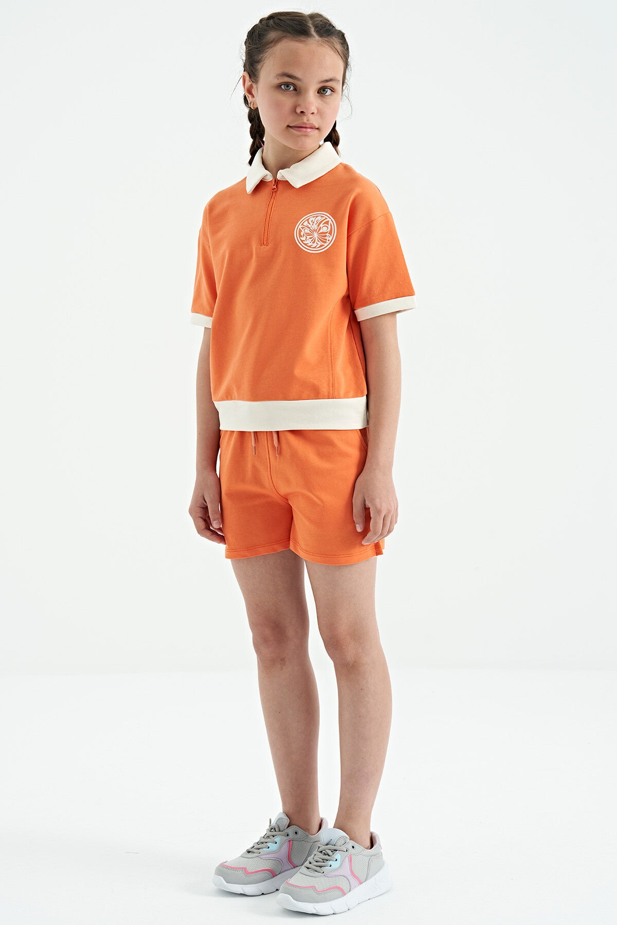 Orange Collar Short Sleeve Comfortable Fit Girls' Shorts Set - 75131