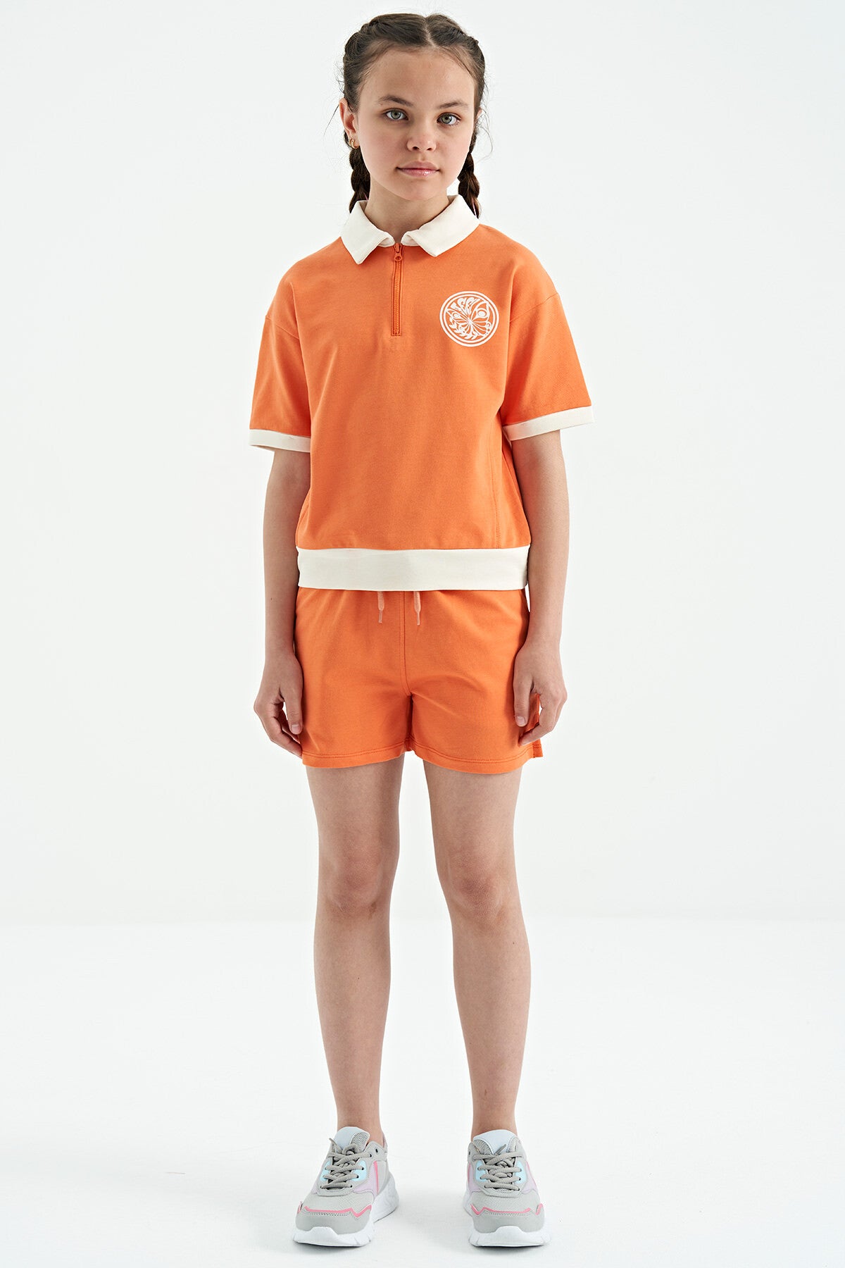 Orange Collar Short Sleeve Comfortable Fit Girls' Shorts Set - 75131