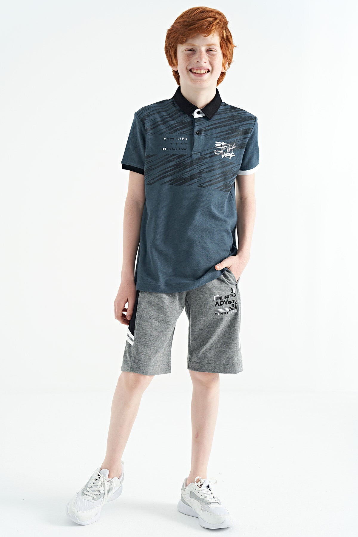 Forest Green Print Detailed Pola Collar Standard Fit Boys' T-Shirt - 11161