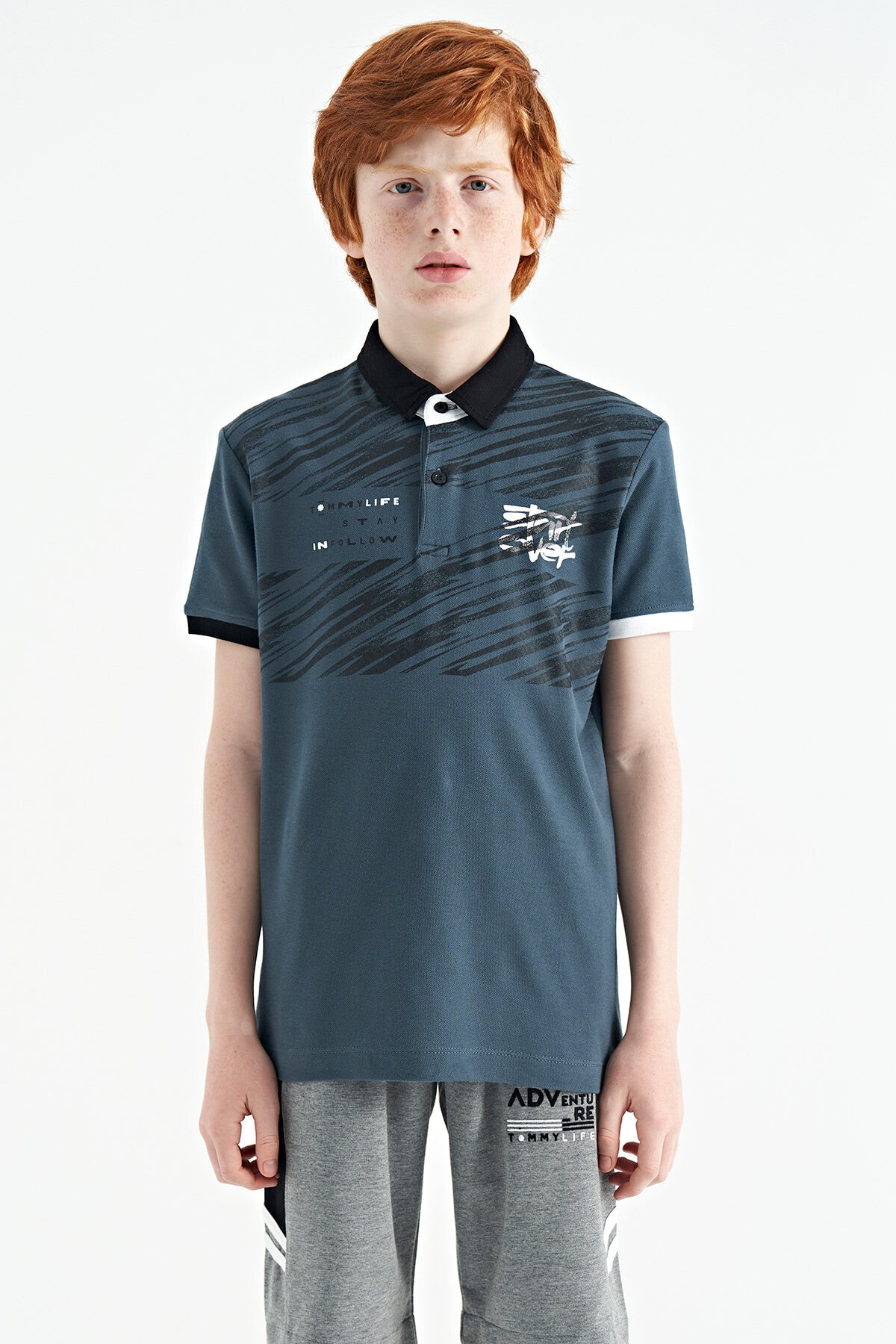 Forest Green Print Detailed Pola Collar Standard Fit Boys' T-Shirt - 11161