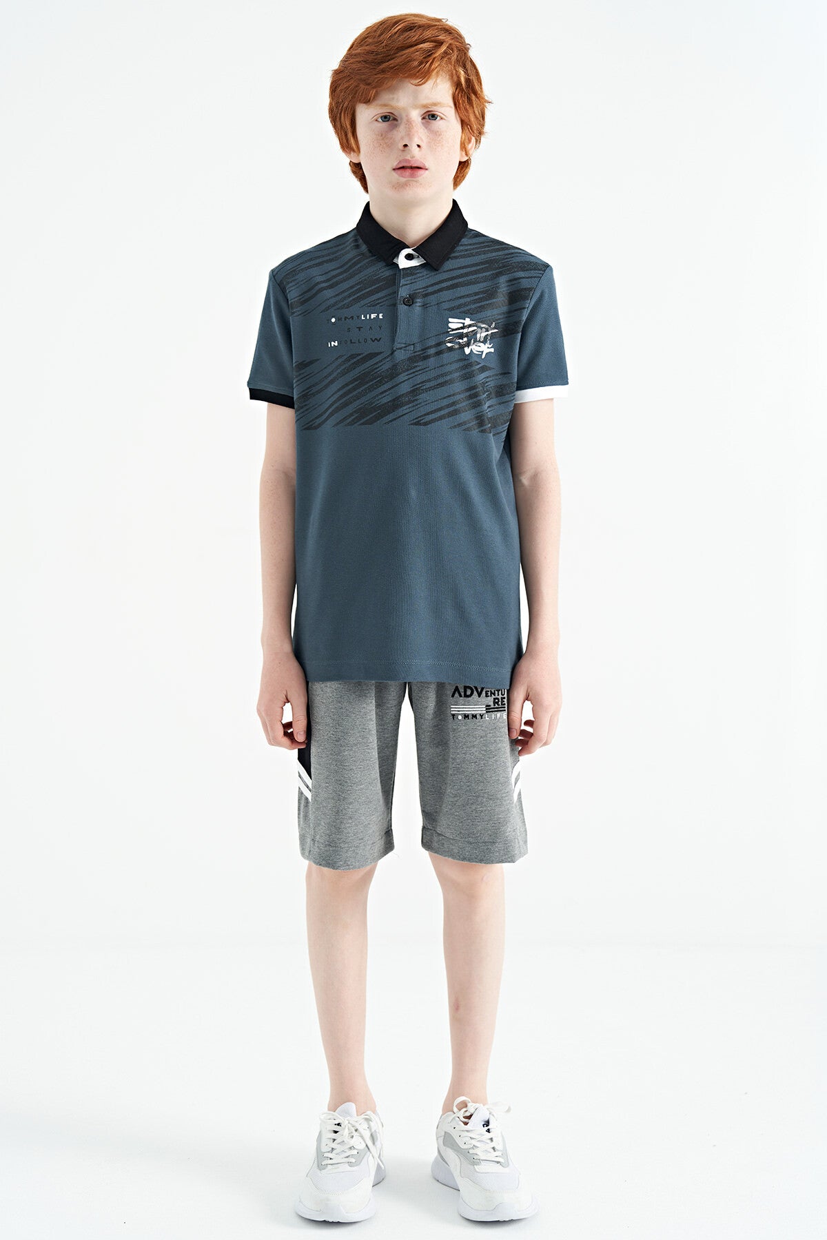 Forest Green Print Detailed Pola Collar Standard Fit Boys' T-Shirt - 11161