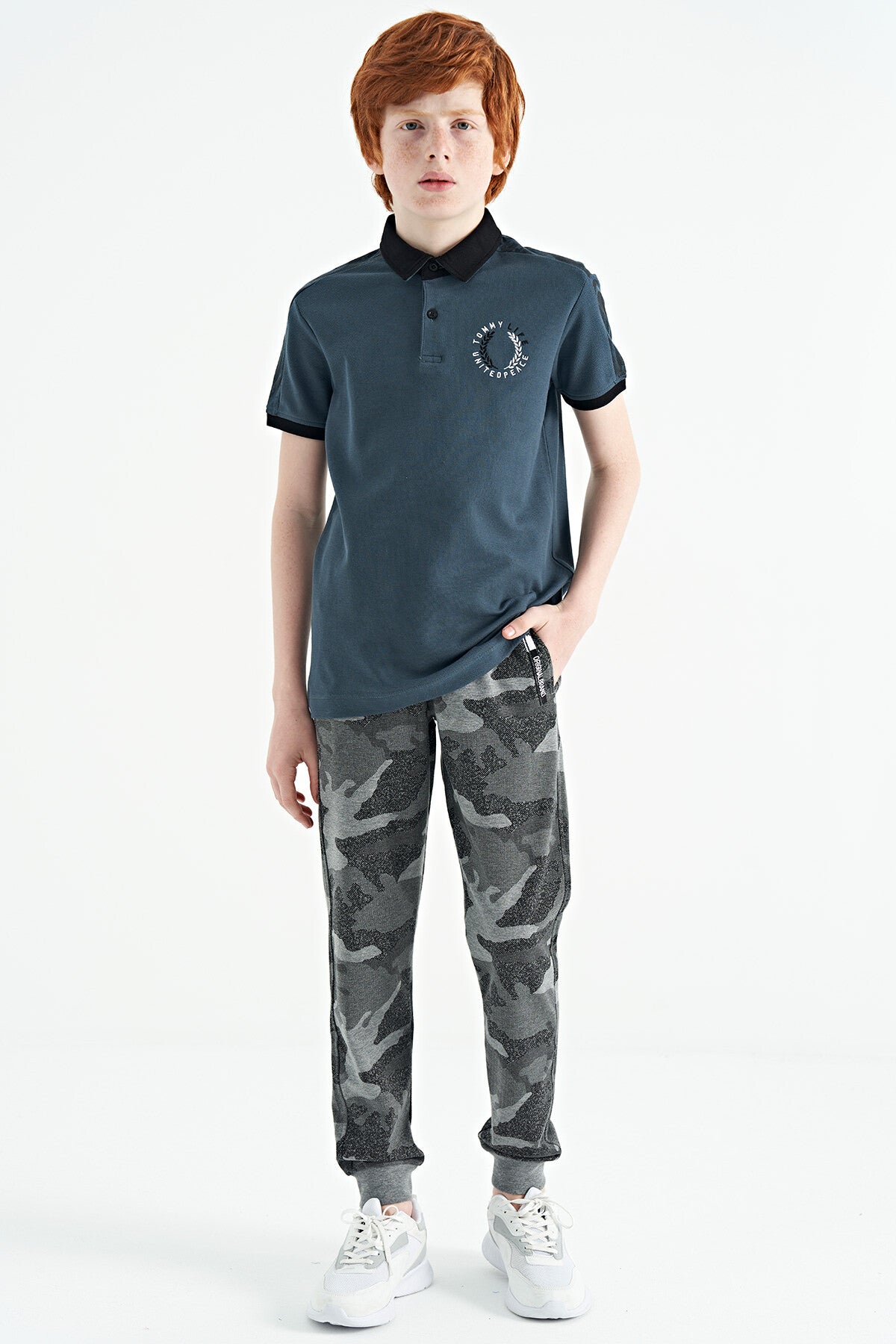 Forest Green Print Detailed Polo Collar Standard Fit Boys' T-Shirt - 11166