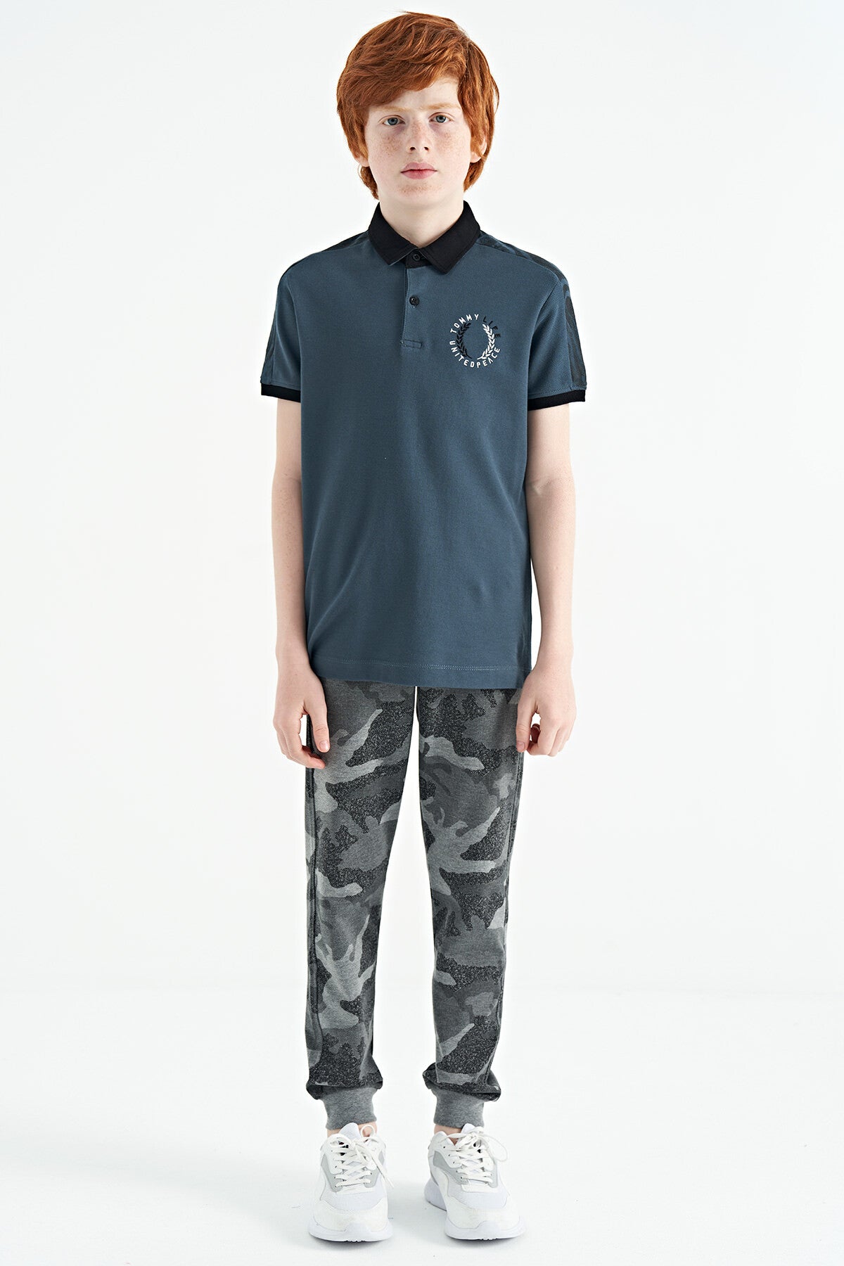 Forest Green Print Detailed Polo Collar Standard Fit Boys' T-Shirt - 11166