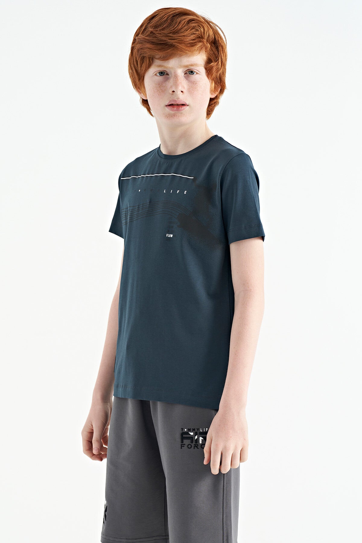 Forest Green Print Detailed Standard Fit O Collar Boys T-Shirt - 11133