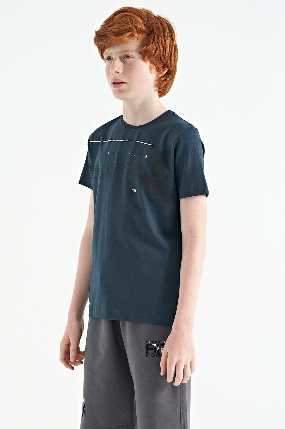 Forest Green Print Detailed Standard Fit O Collar Boys T-Shirt - 11133