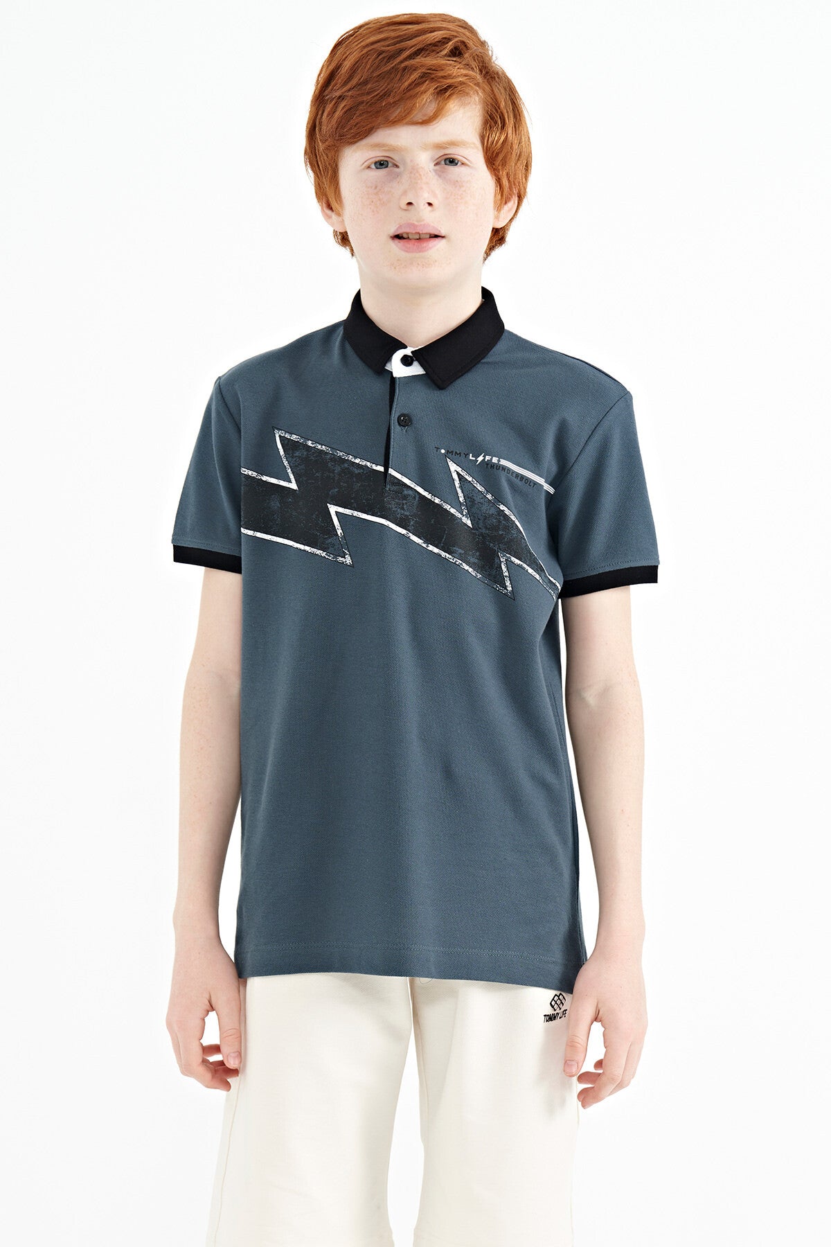 Forest Green Print Detailed Standard Fit Polo Collar Boys' T-Shirt - 11154