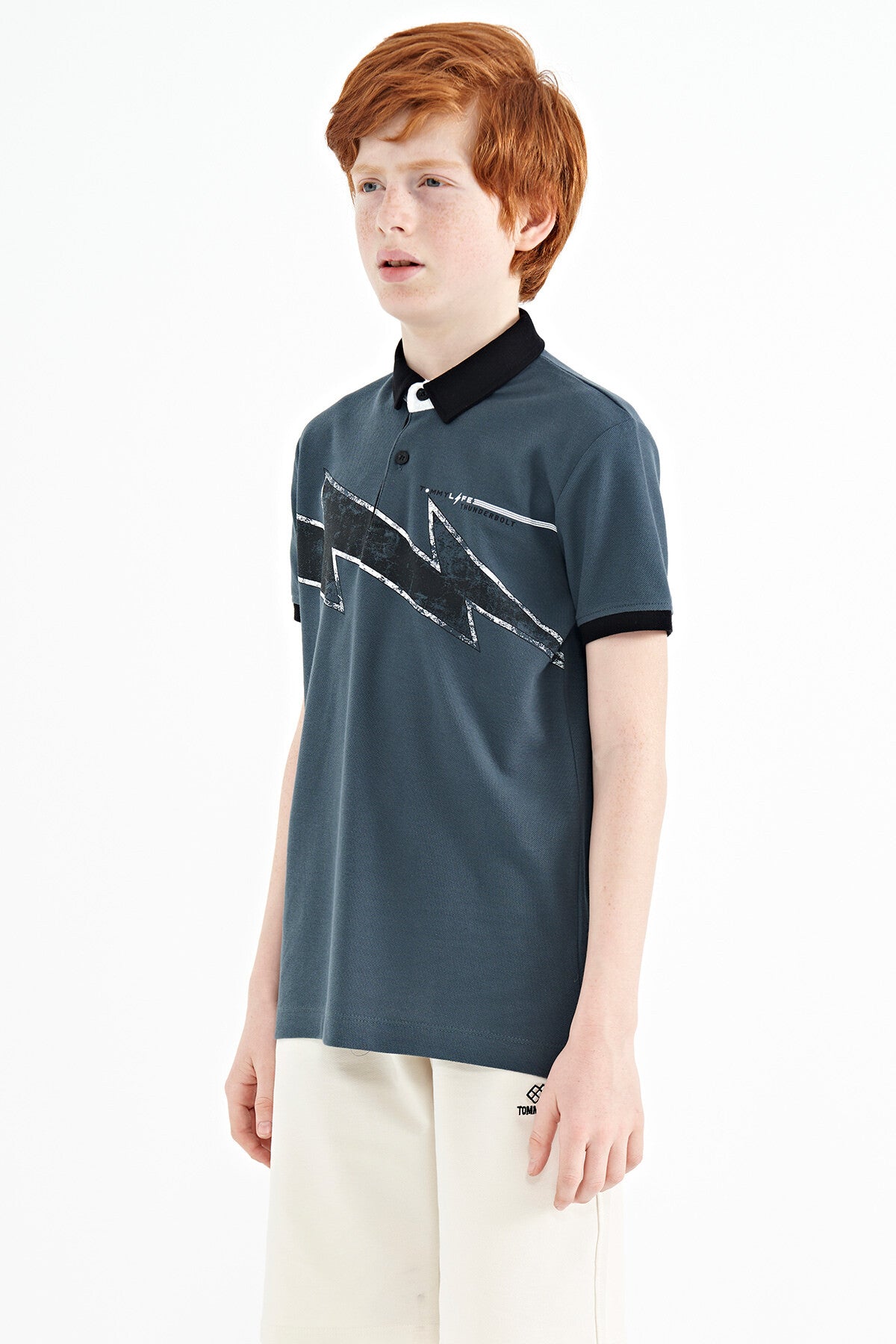 Forest Green Print Detailed Standard Fit Polo Collar Boys' T-Shirt - 11154