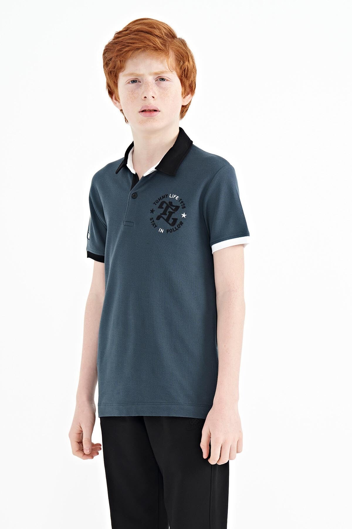 Forest Green Arm Chest Embroidered Standard Cut Polo Collar Boys T-Shirt - 11086