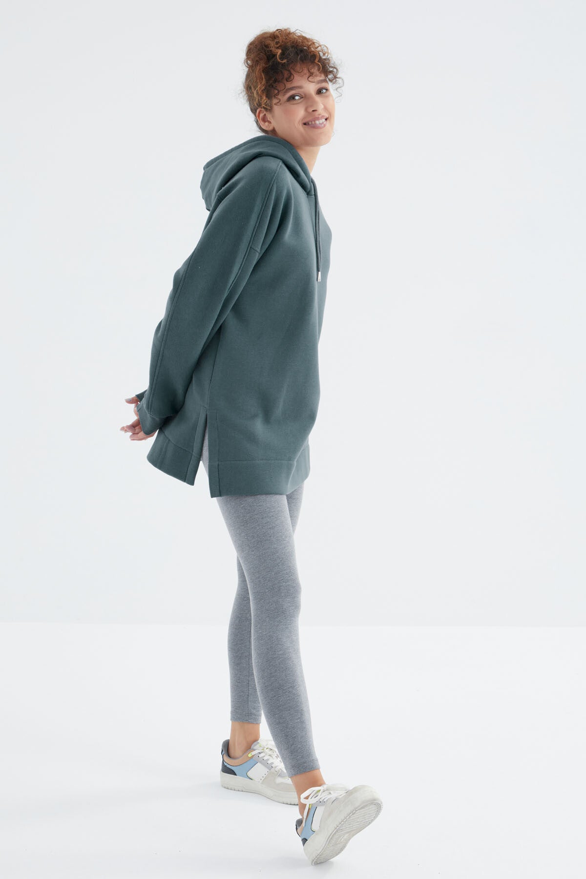 Forest Green Raglan Sleeve Basic Hooded Oversize Sweatshirt Tunic - 97242