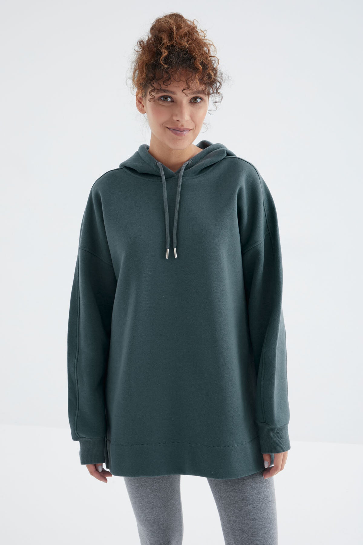 Forest Green Raglan Sleeve Basic Hooded Oversize Sweatshirt Tunic - 97242