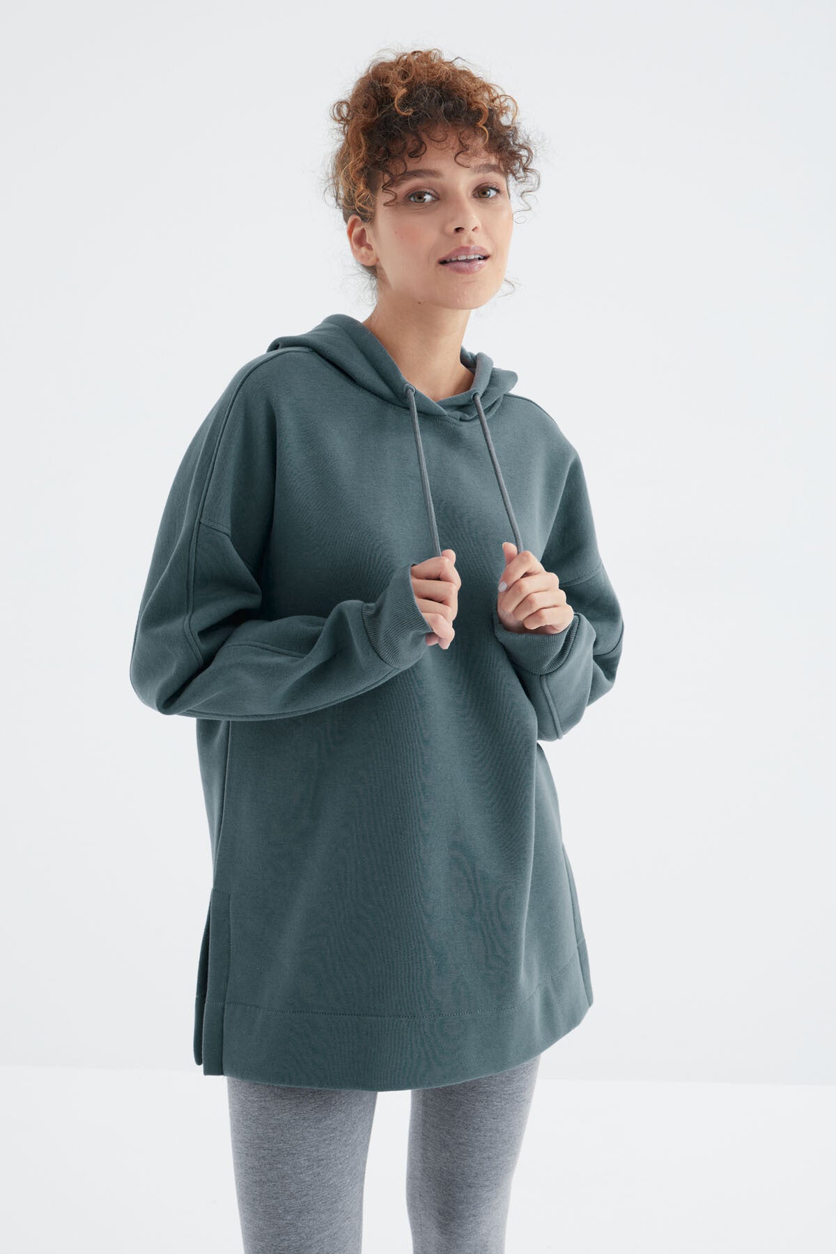 Forest Green Raglan Sleeve Basic Hooded Oversize Sweatshirt Tunic - 97242