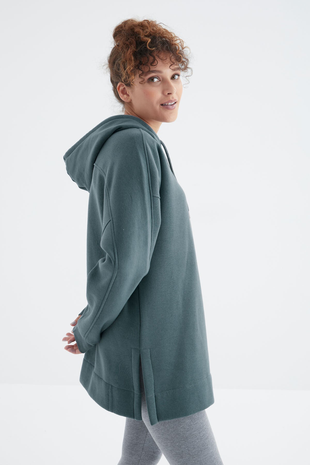 Forest Green Raglan Sleeve Basic Hooded Oversize Sweatshirt Tunic - 97242