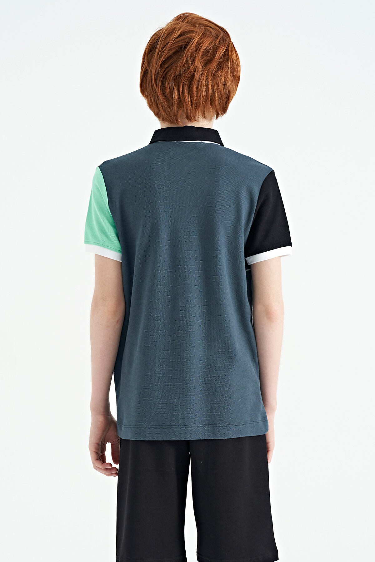 Forest Green Color Block Embroidered Letter Detailed Standard Pattern Polo Collar Boys T-Shirt - 11109