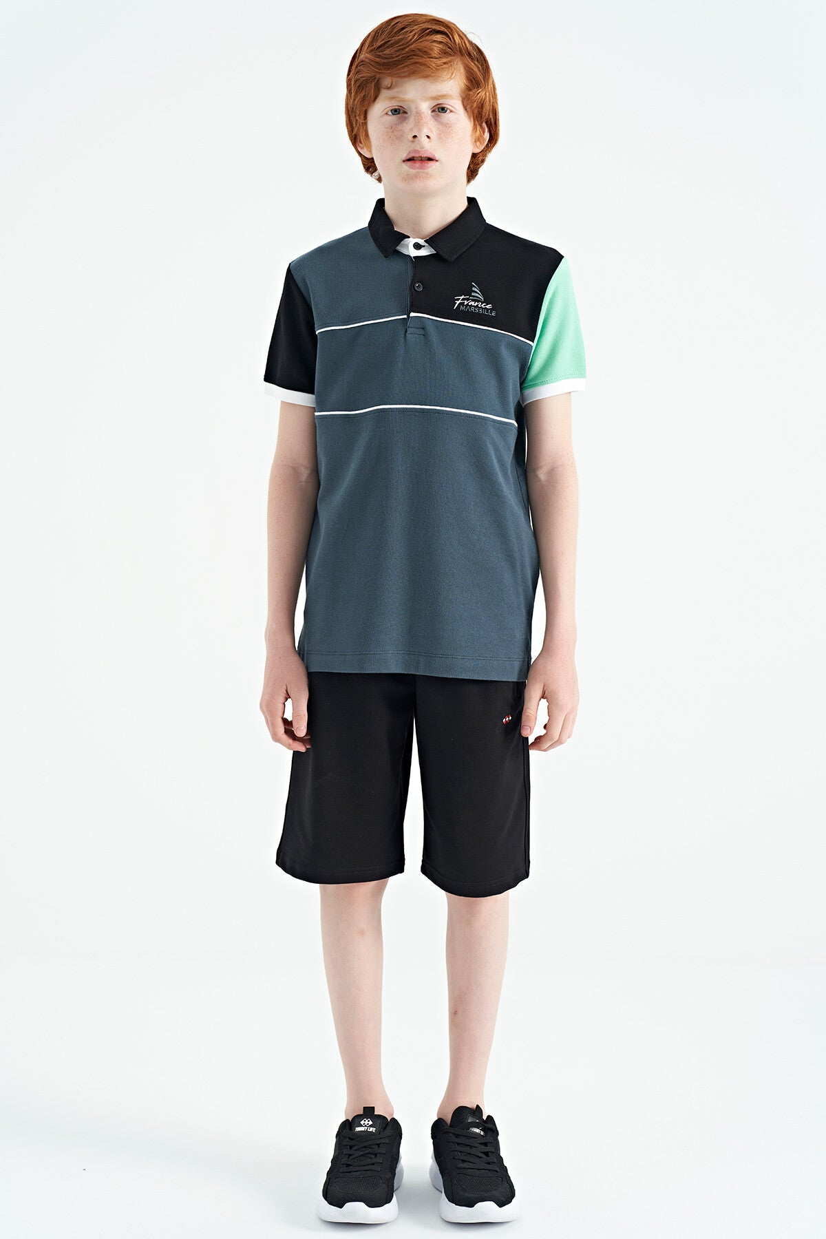 Forest Green Color Block Embroidered Letter Detailed Standard Pattern Polo Collar Boys T-Shirt - 11109