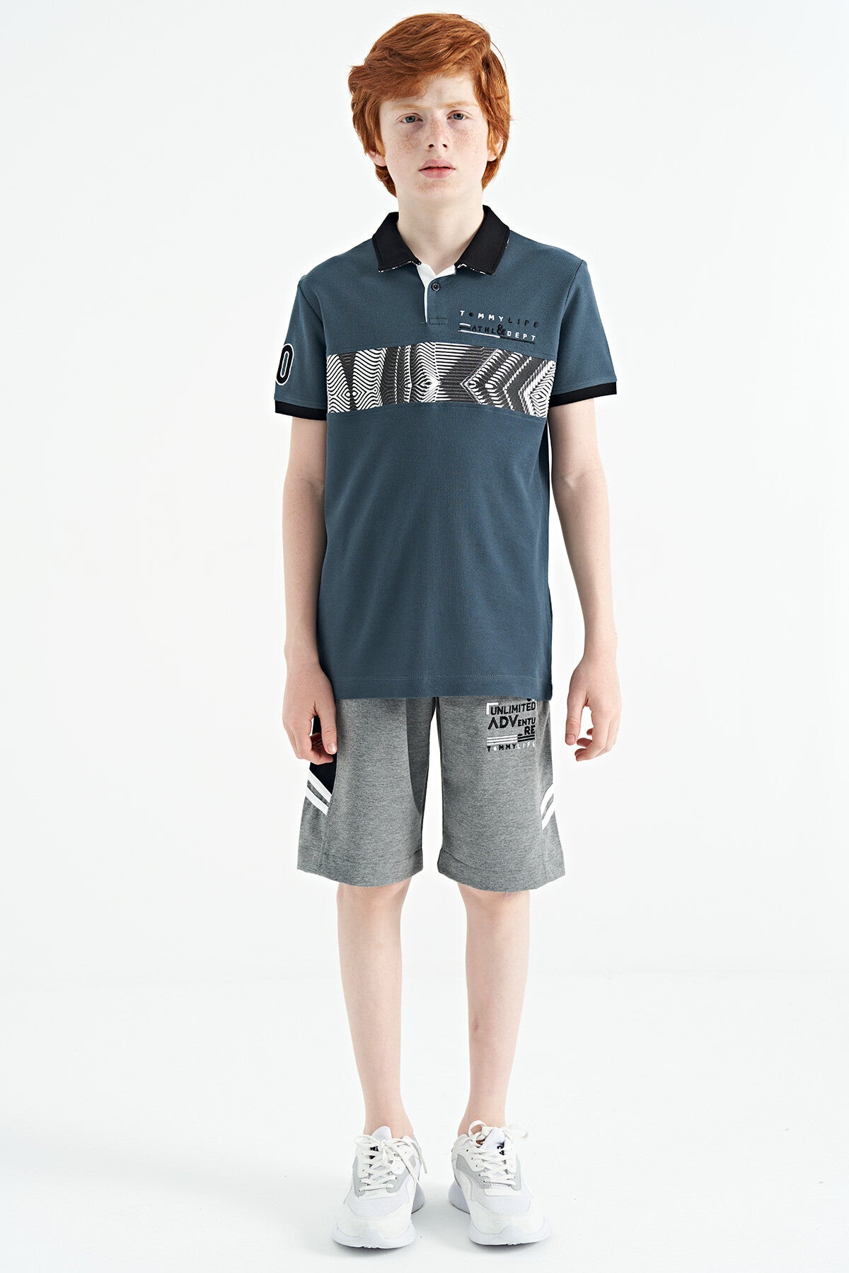 Forest Green Striped Print Detailed Polo Collar Standard Cut Boys' T-Shirt - 11162