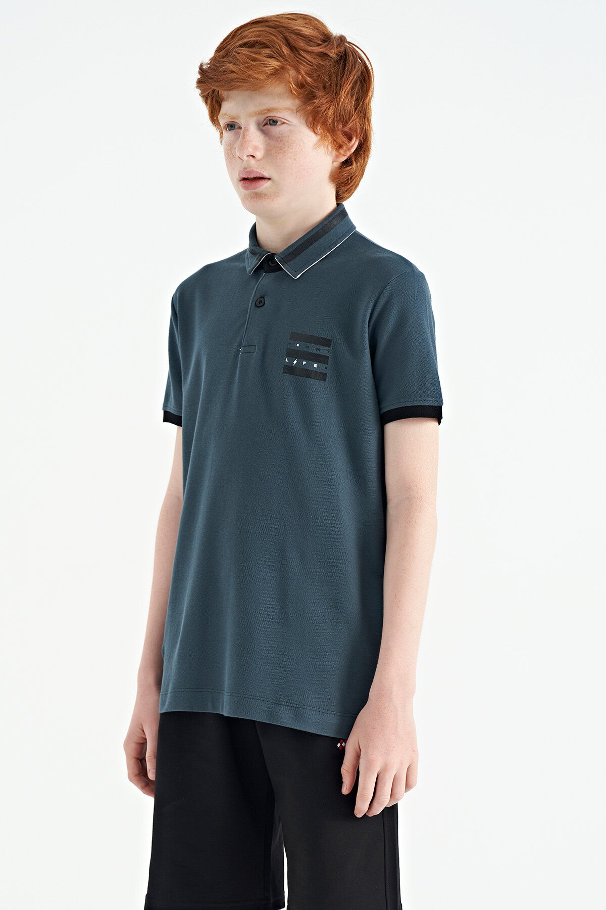 Forest Green Collar Color Block Print Detailed Standard Cut Boys T-Shirt - 11111
