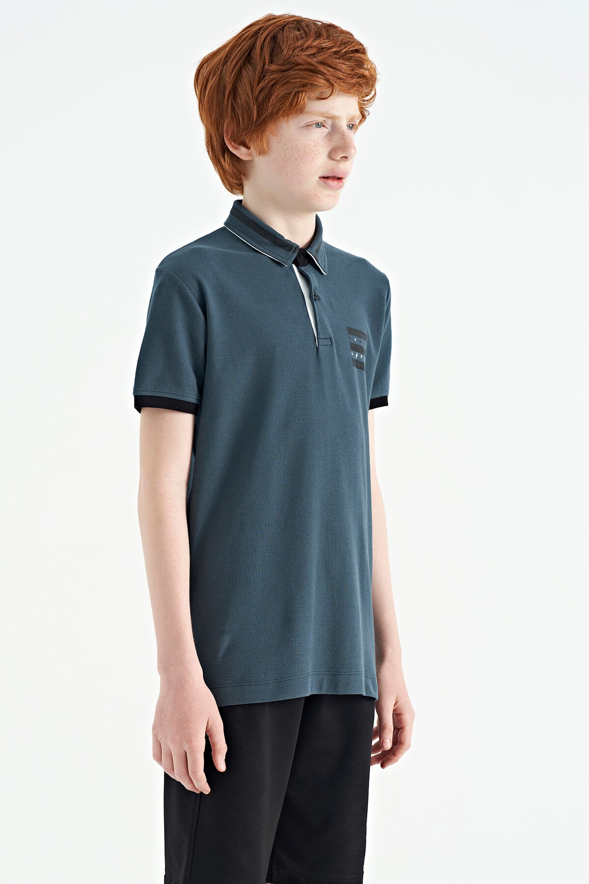 Forest Green Collar Color Block Print Detailed Standard Cut Boys T-Shirt - 11111