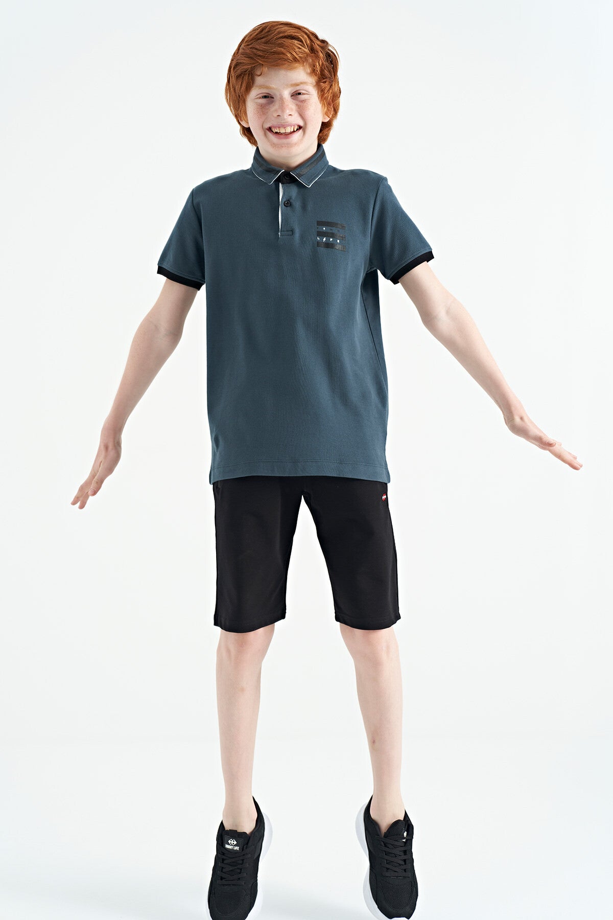 Forest Green Collar Color Block Print Detailed Standard Cut Boys T-Shirt - 11111