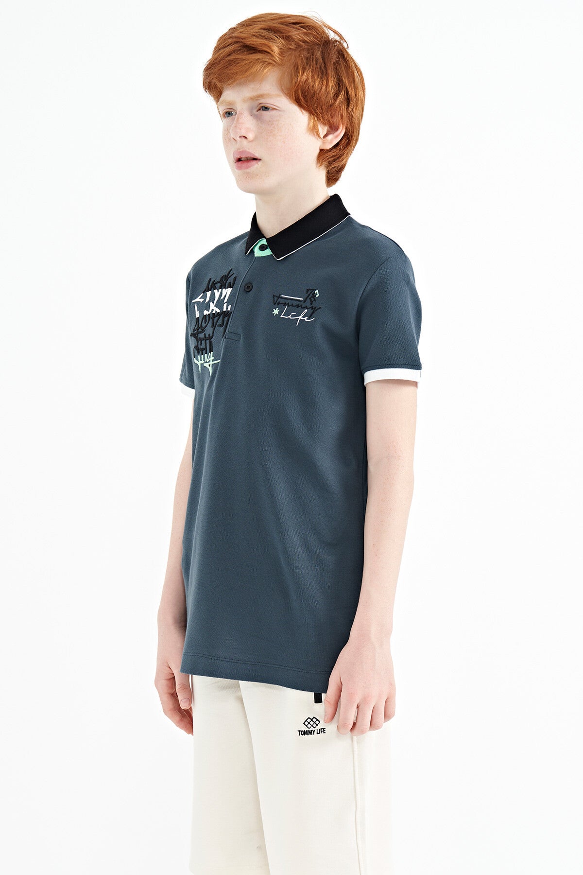 Forest Green Embroidered Detailed Standard Pattern Polo Collar Boys' T-Shirt - 11085