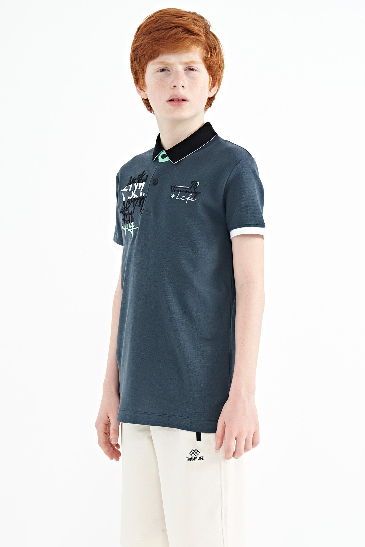 Forest Green Embroidered Detailed Standard Pattern Polo Collar Boys' T-Shirt - 11085